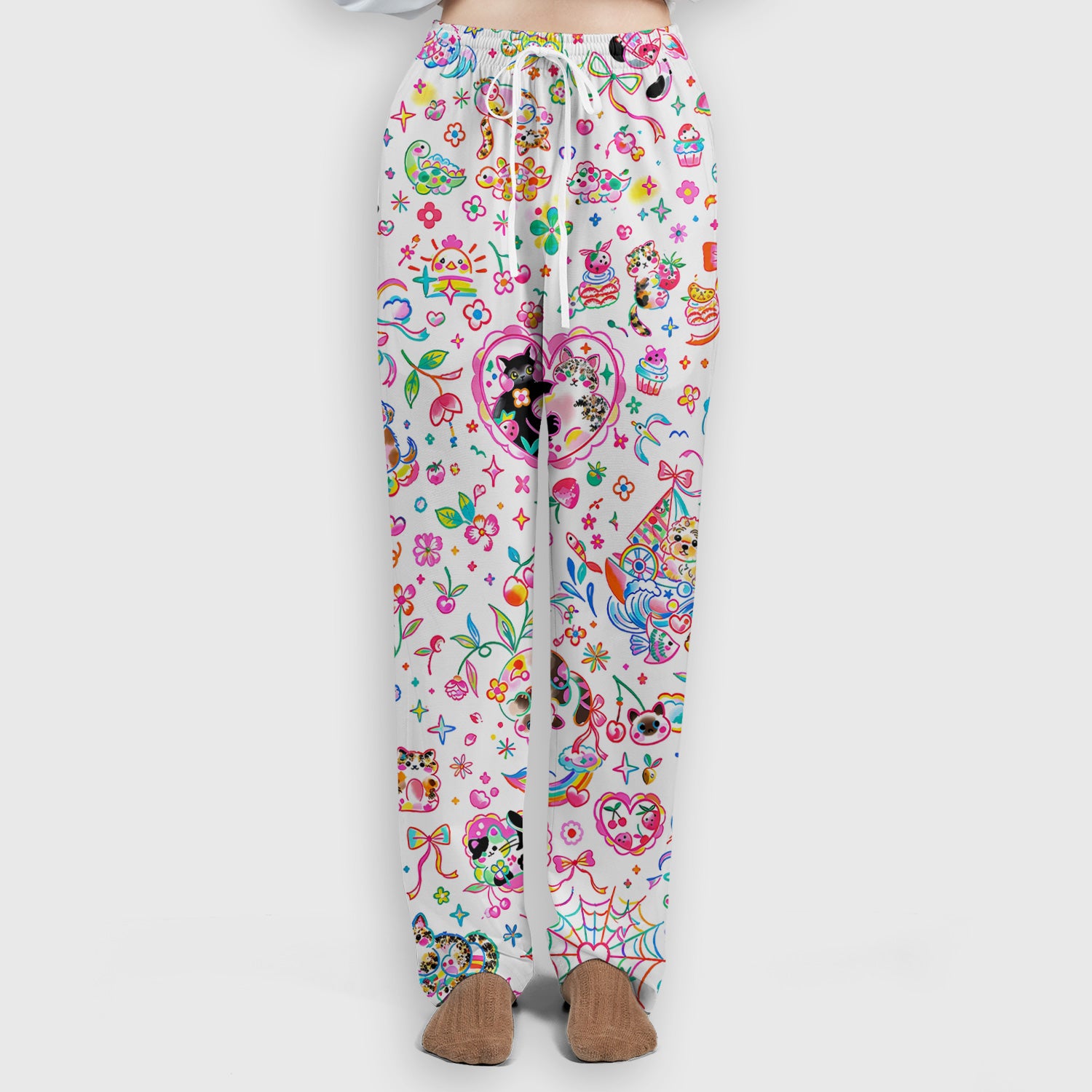 Colorful Kawaii Cat Heart Doodle Pattern Scrub Set, Scrub Pants and V Neck Top
