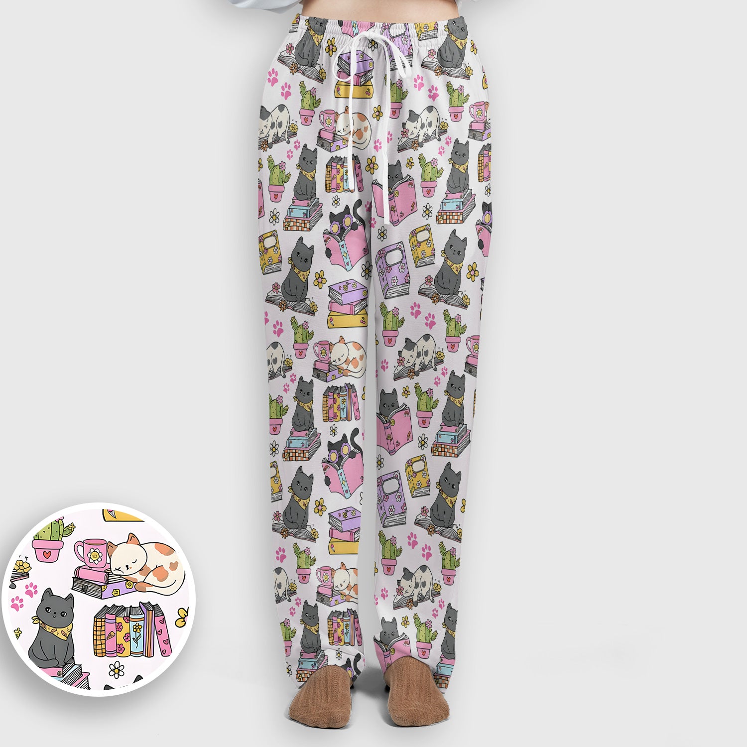 Cute Cat Book Cactus Seamless Pattern Scrub Set, Scrub Pants and V Neck Top
