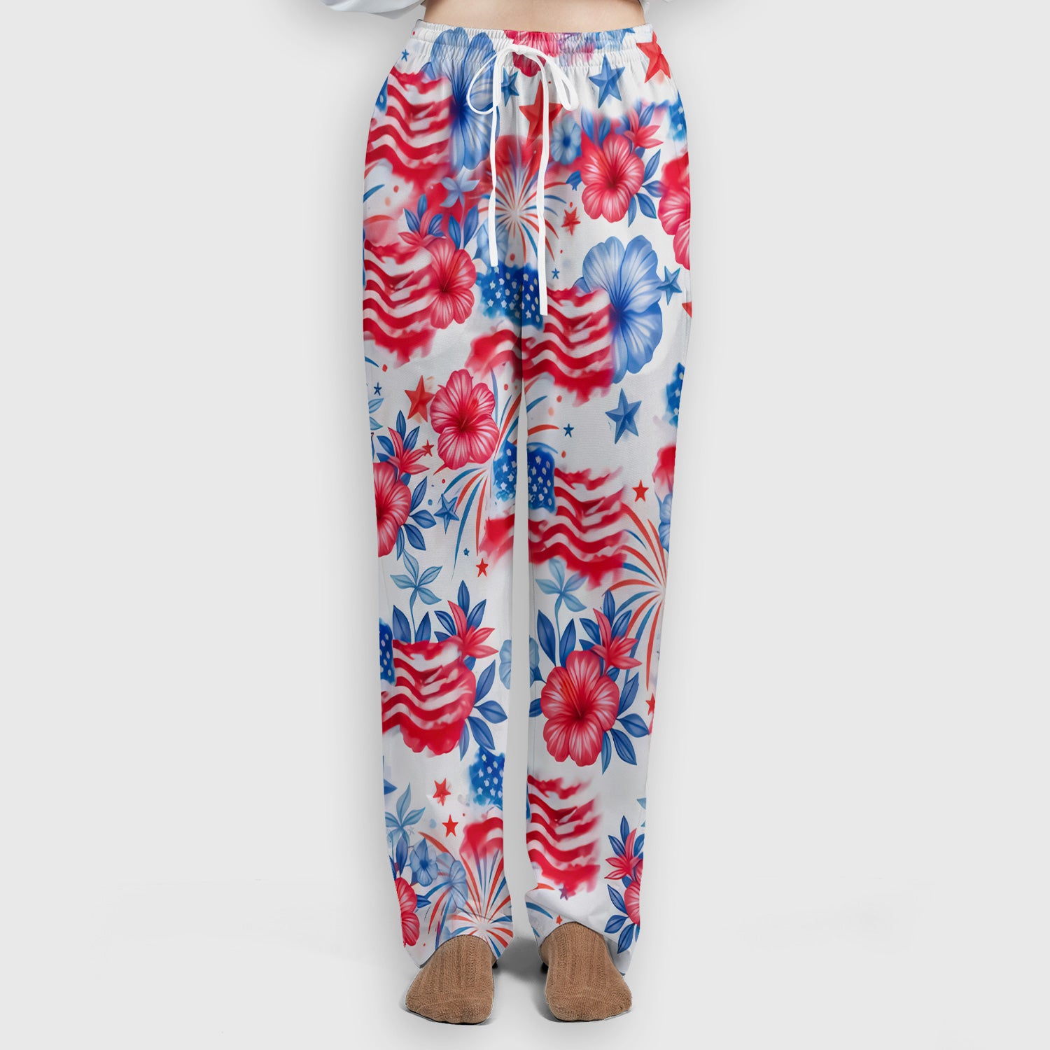 Patriotic American Flag Floral Pattern Scrub Set, Scrub Pants and V Neck Top