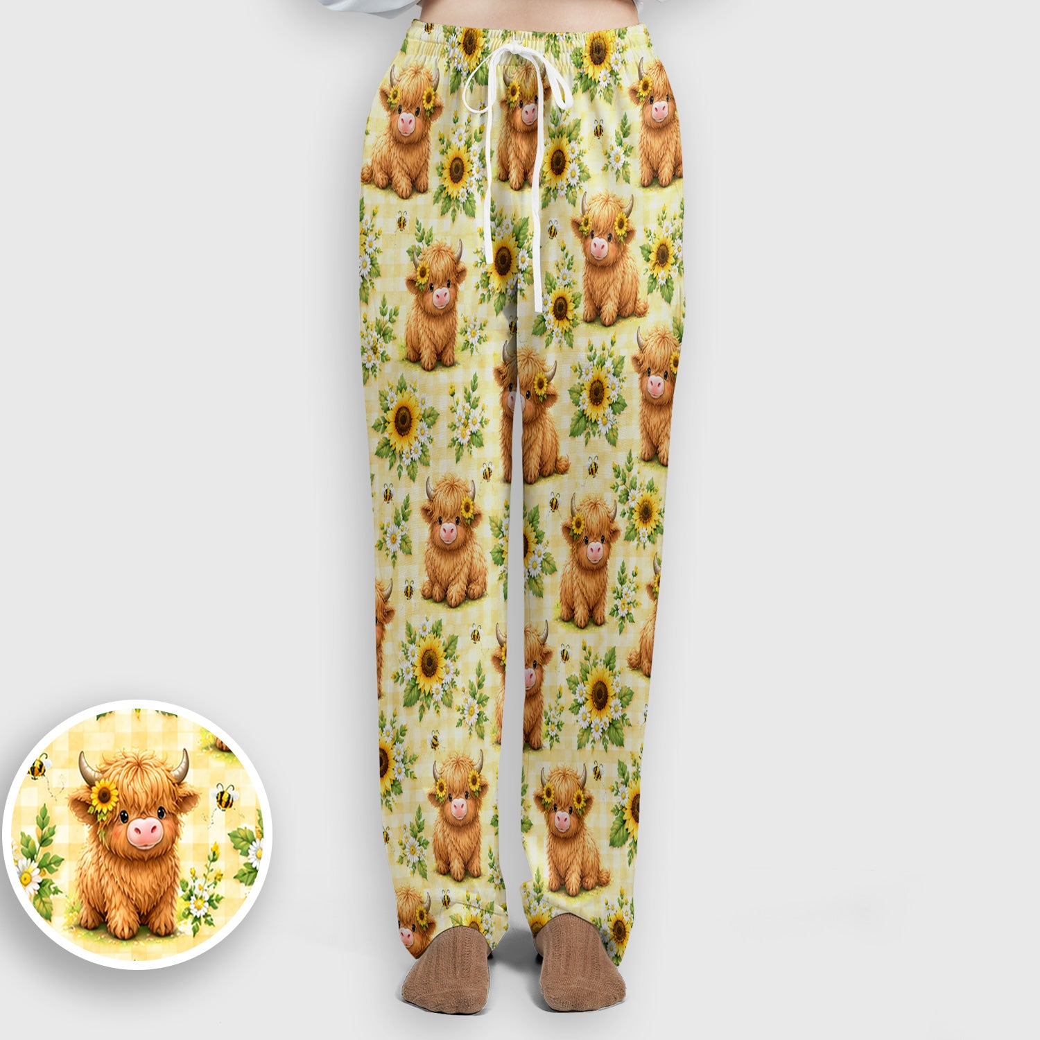 Sunflower Highland Cow And Bee Pattern Scrub Set, Scrub Pants and V Neck Top