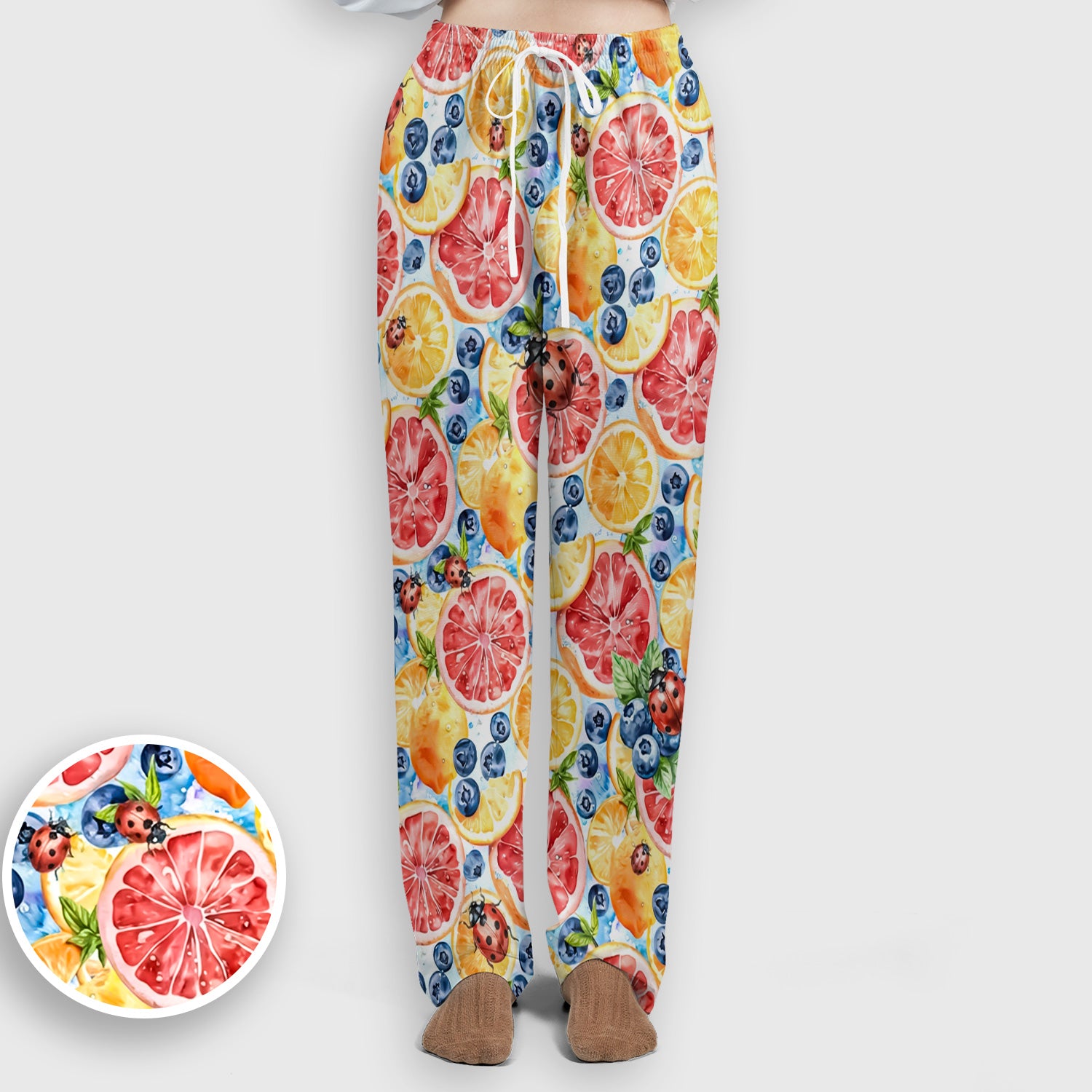 Cute Citrus Berry Ladybug Pattern Scrub Set, Scrub Pants and V Neck Top
