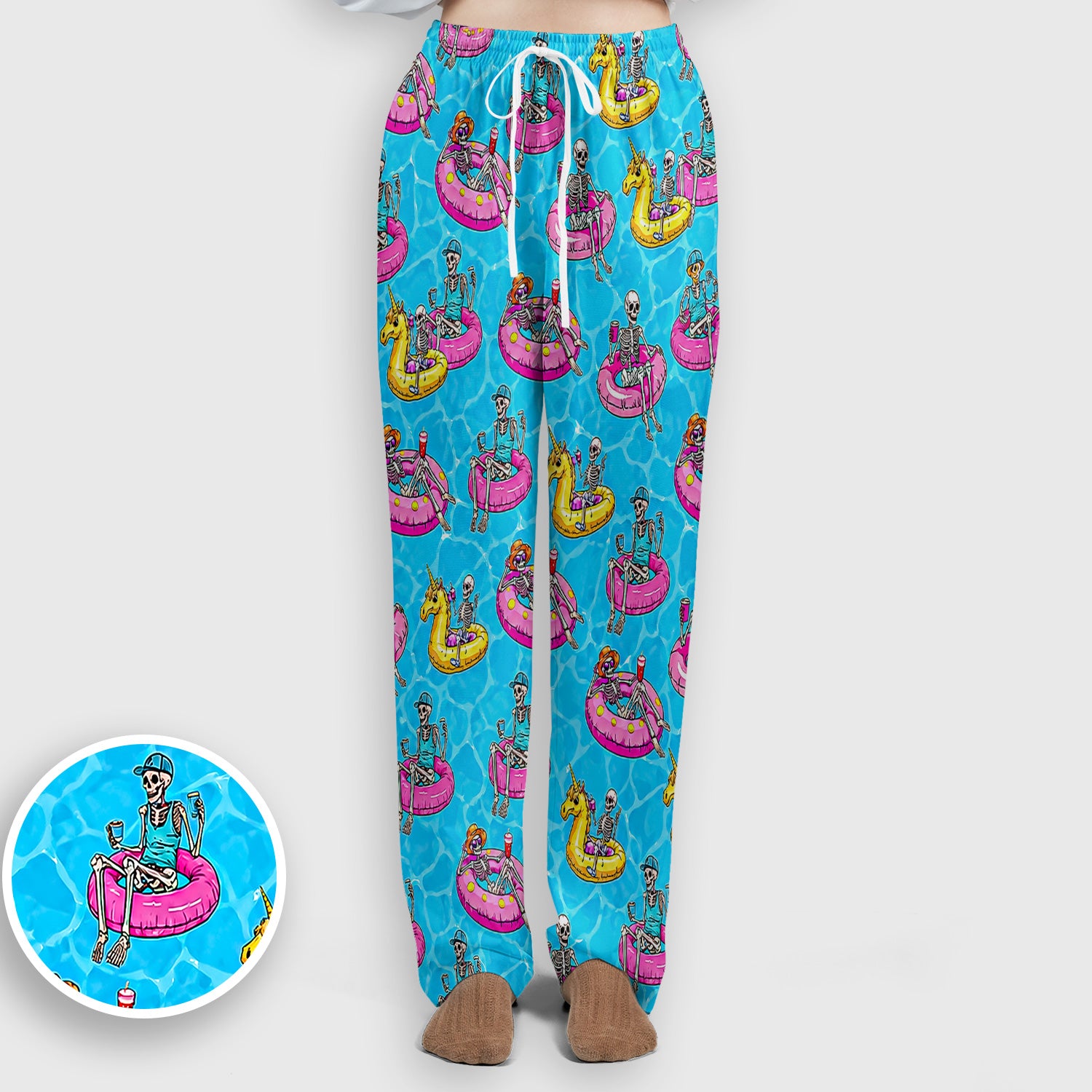 Summerween Skeleton with Pool Float Print Scrub Set, Scrub Pants and V Neck Top
