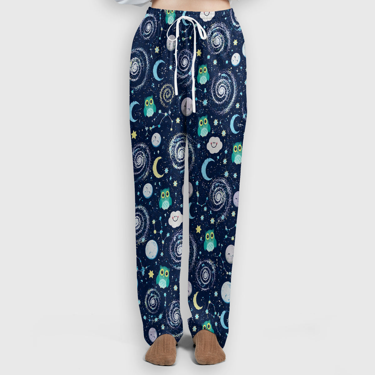 Cute Night Owl Galaxy Pattern Scrub Set, Scrub Pants and V Neck Top