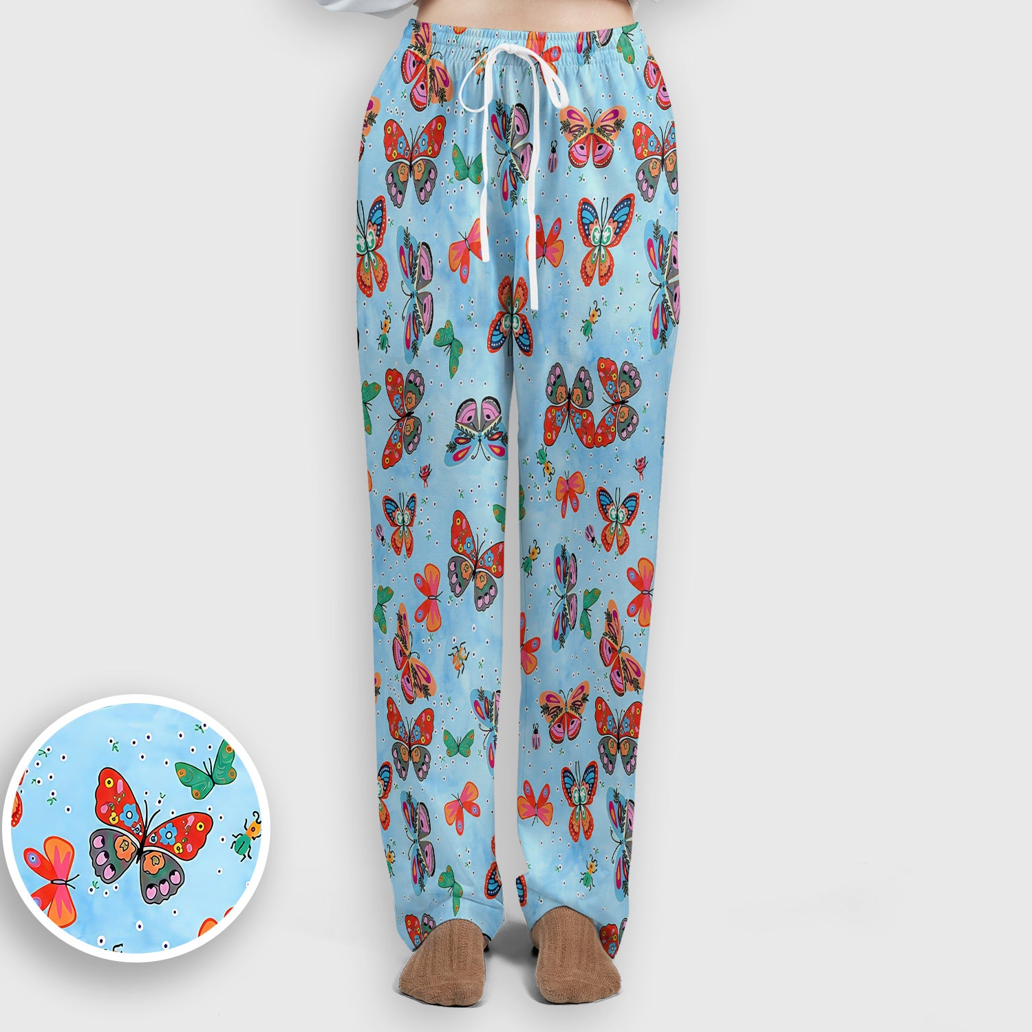 Colorful Butterfly Garden Pattern Scrub Set, Scrub Pants and V Neck Top