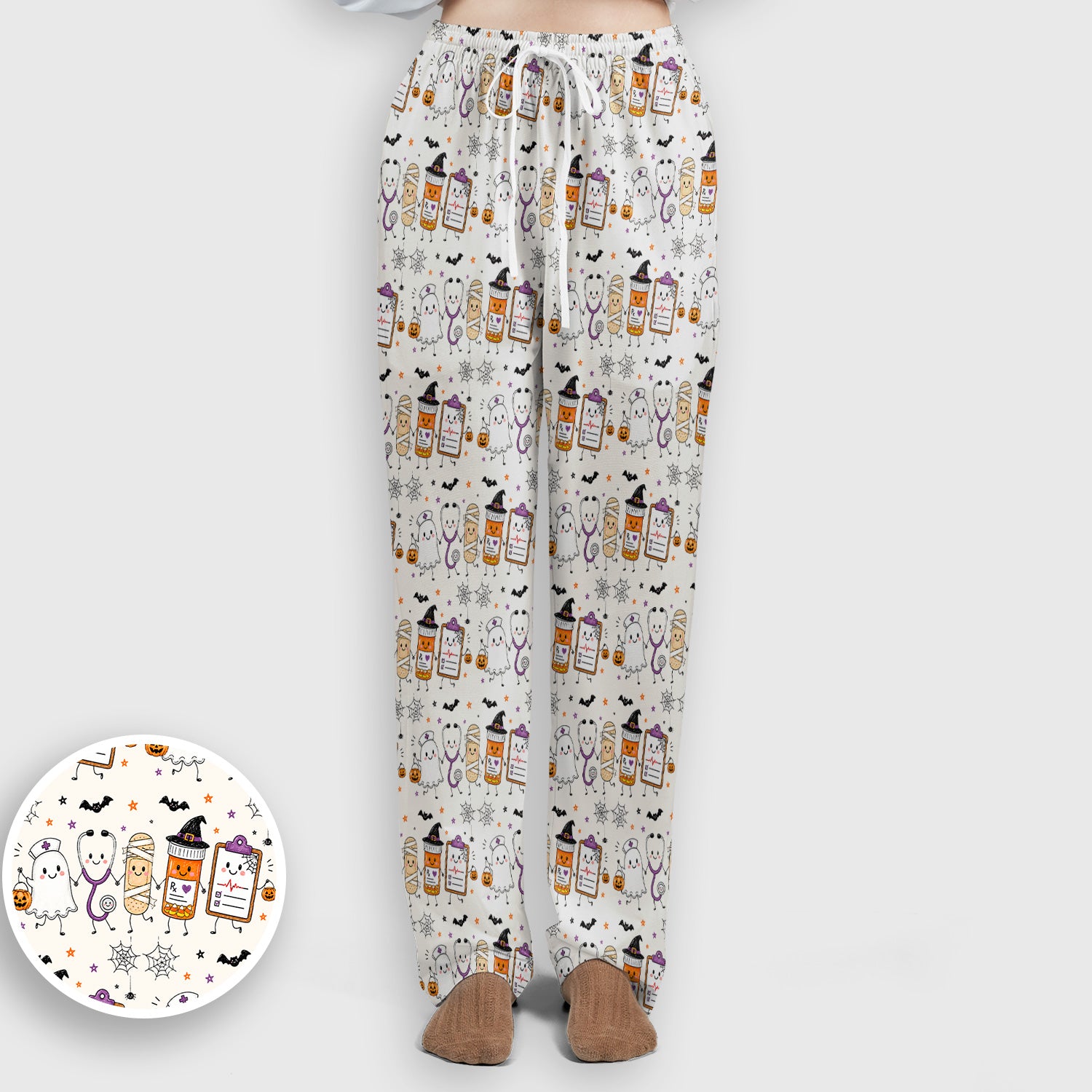 Halloween Medical Characters Print Scrub Set, Scrub Pants and V Neck Top