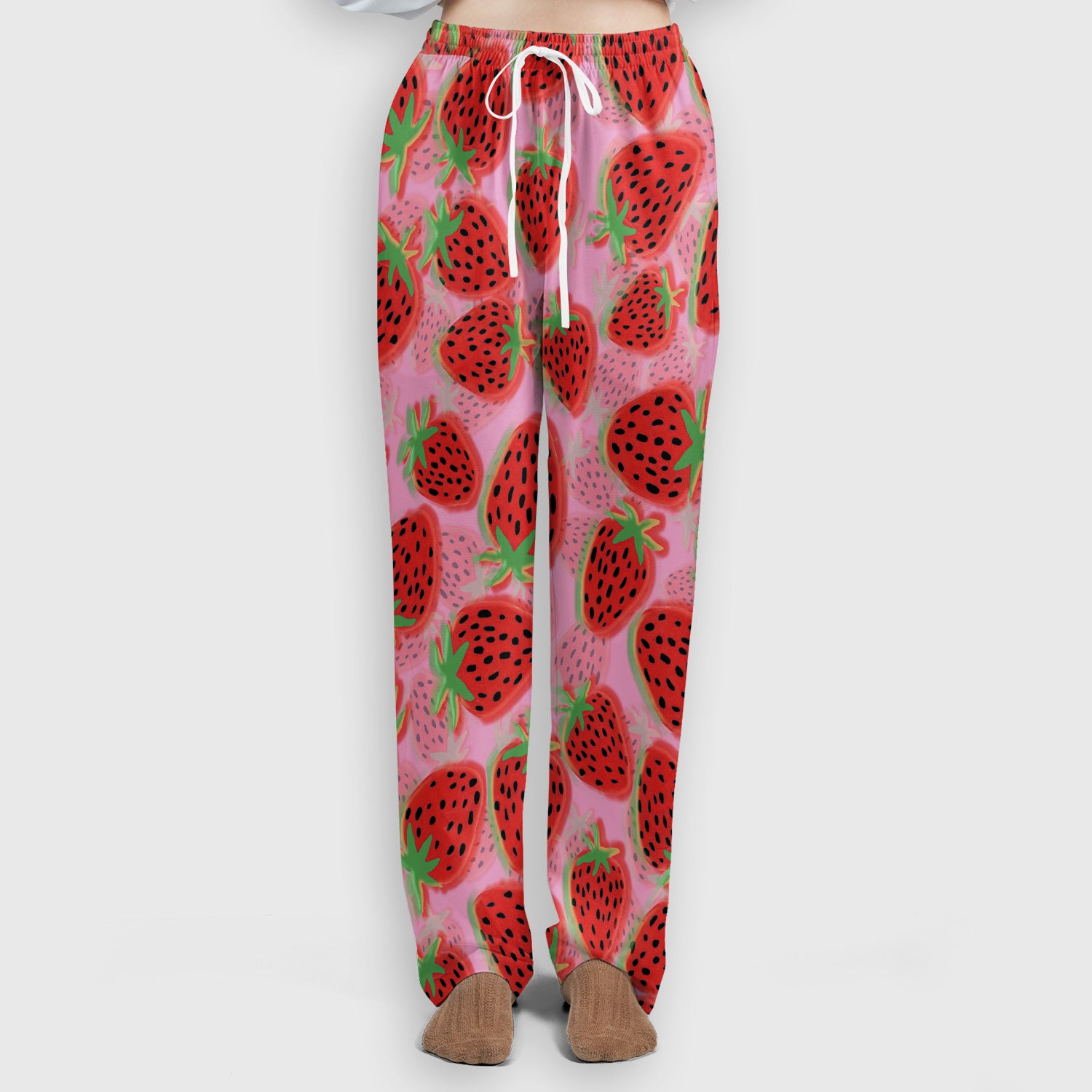 Pink Strawberry Pattern Scrub Set, Scrub Pants and V Neck Top
