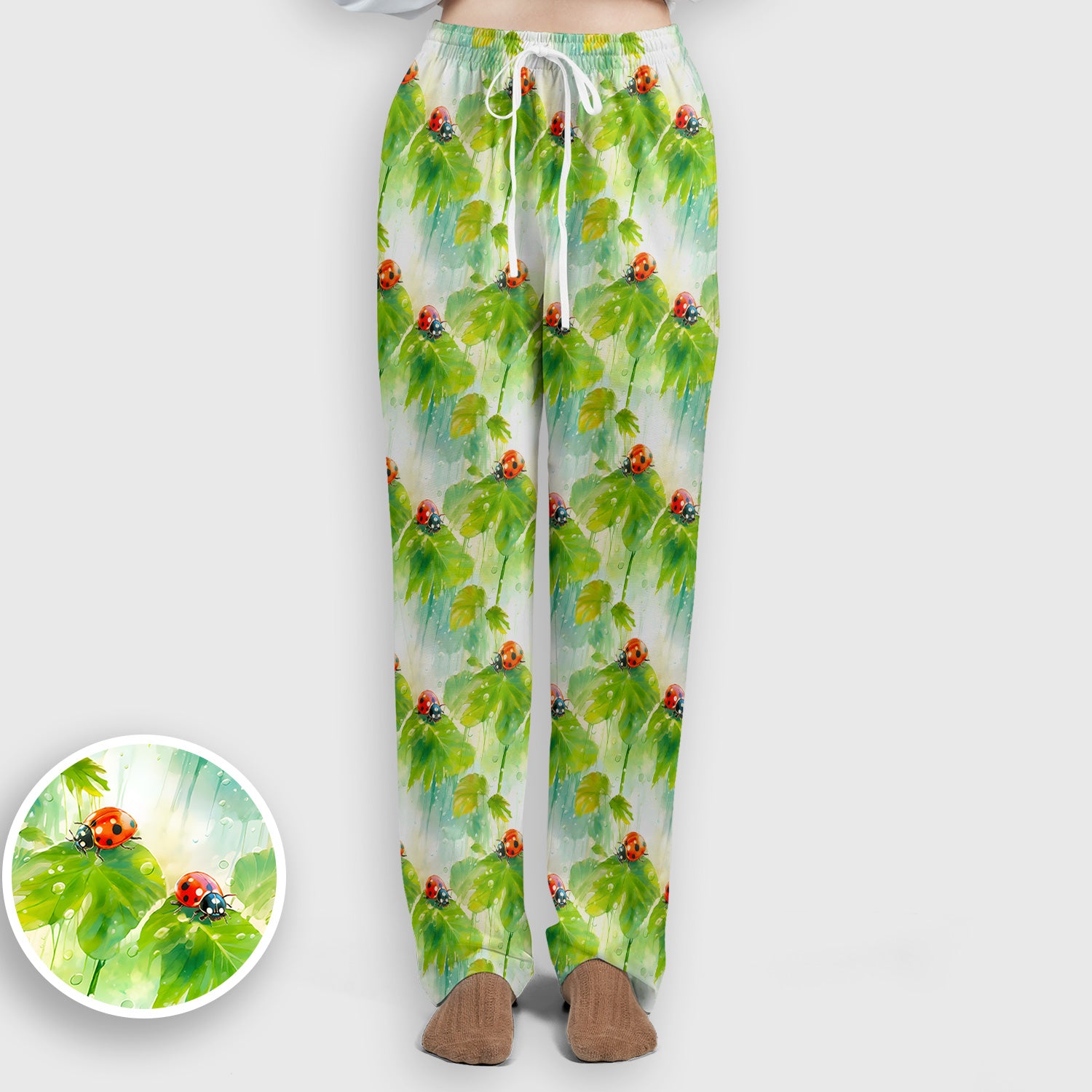 Ladybugs On Rainy Leaves Pattern Scrub Set, Scrub Pants and V Neck Top