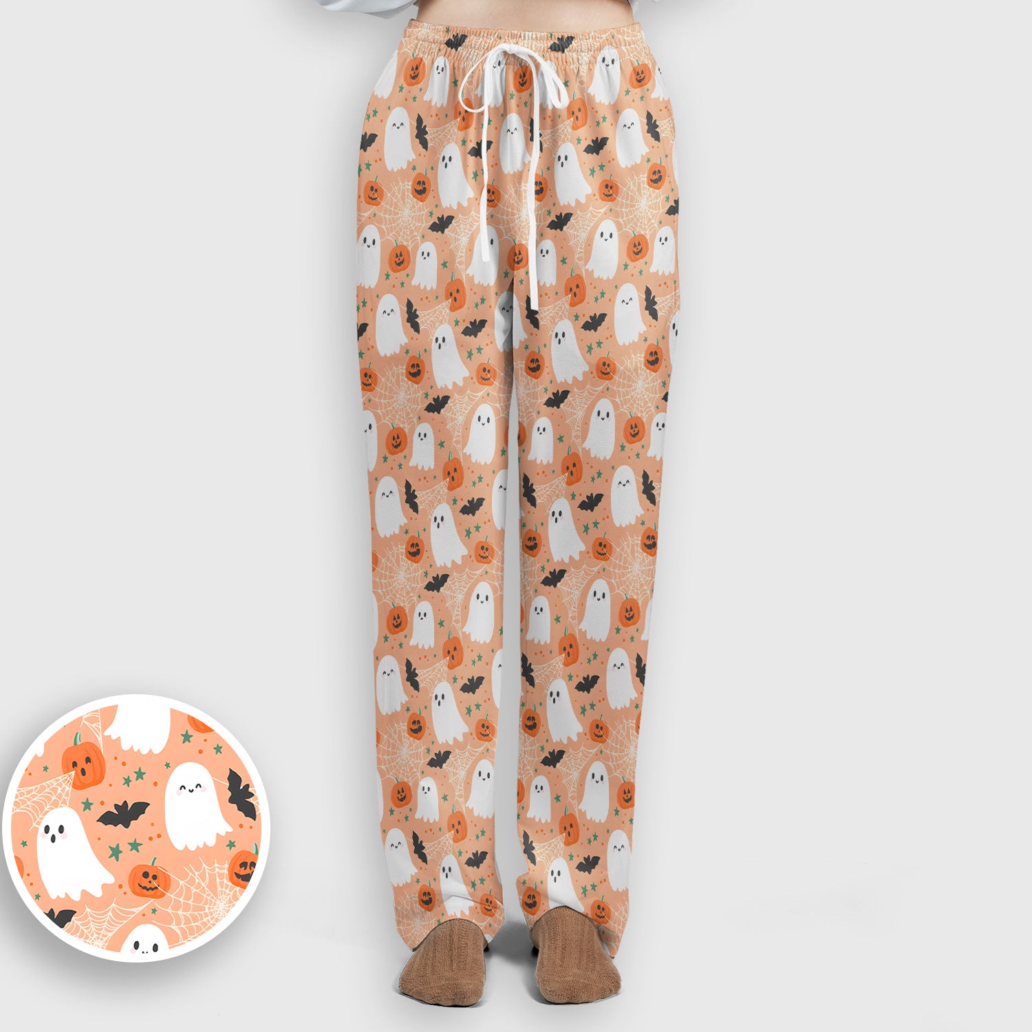 Cute Halloween Ghost And Pumpkin Scrub Set, Scrub Pants and V Neck Top