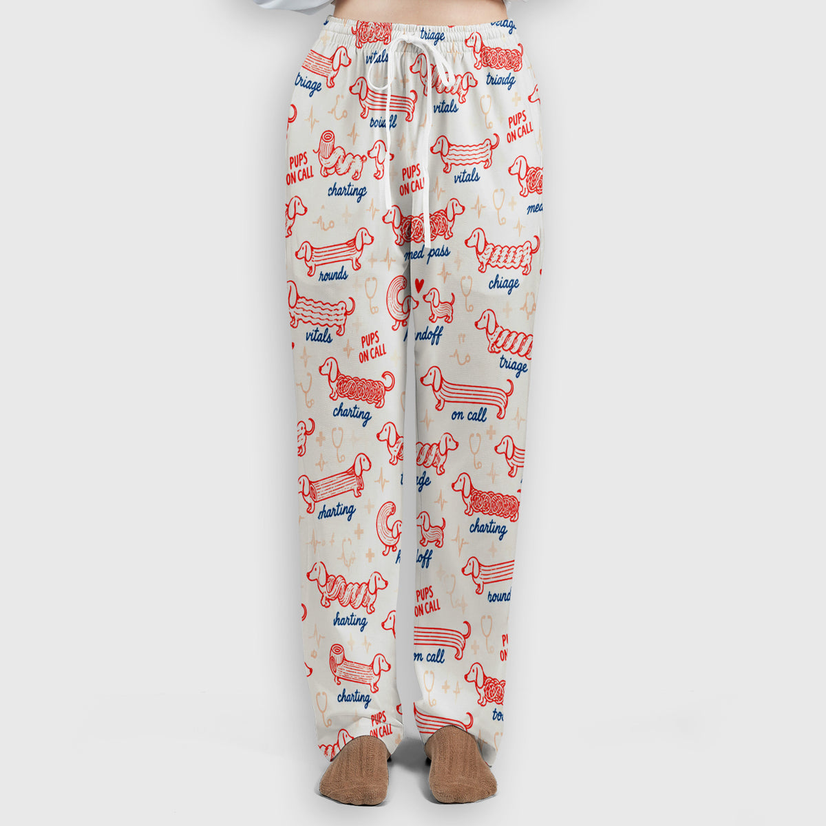 Cute Pups On Call Dachshund Pattern Scrub Set, Scrub Pants and V Neck Top