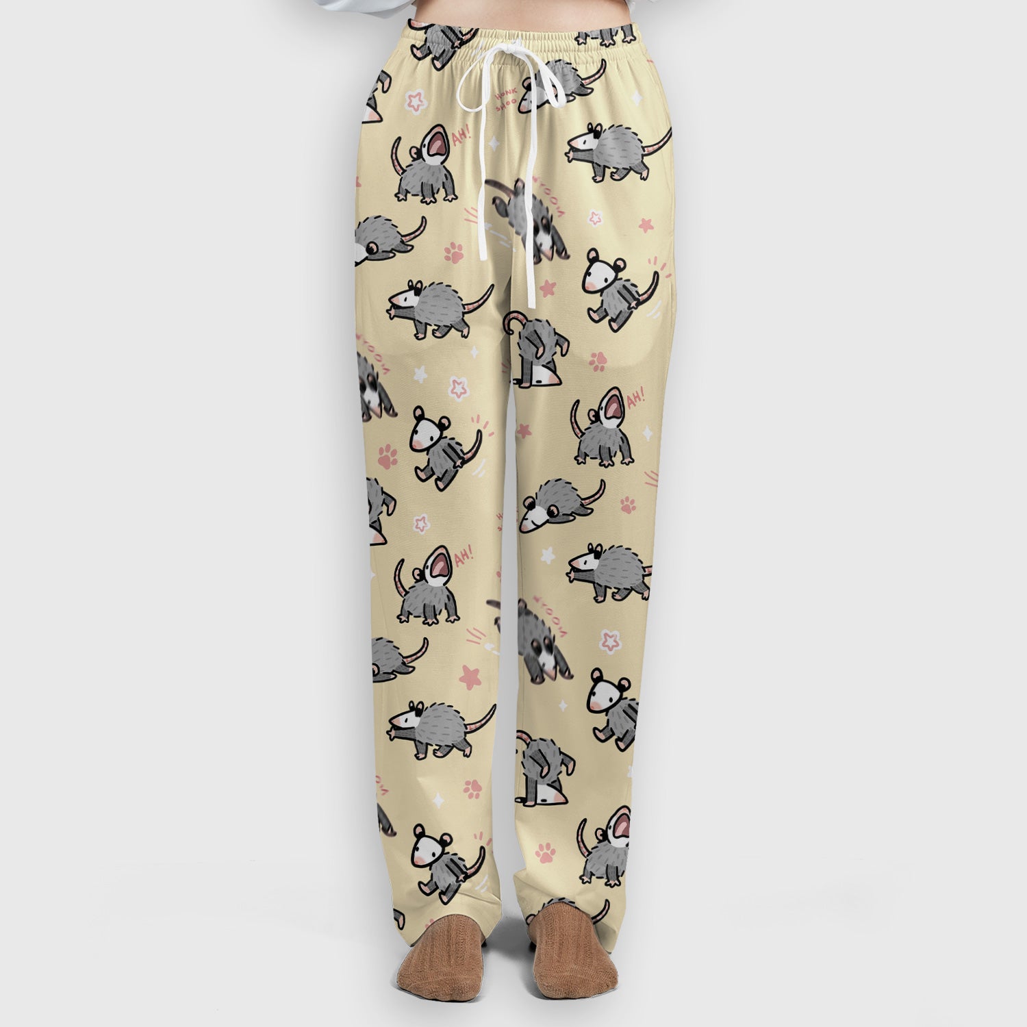 Playful Cartoon Opossum Character Pattern Scrub Set, Women's Scrub Sets
