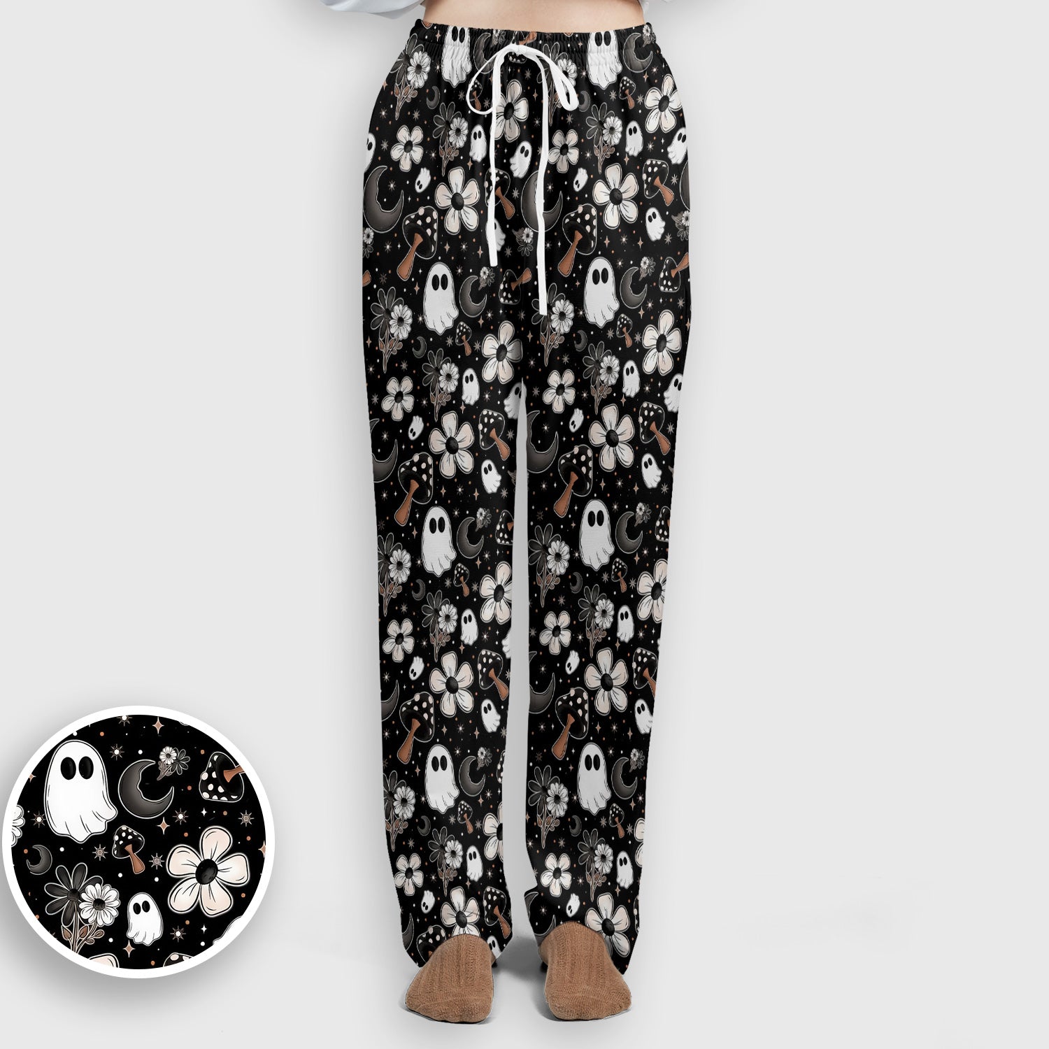 Floral Mushroom Ghost Pattern Scrub Set, Scrub Pants and V Neck Top