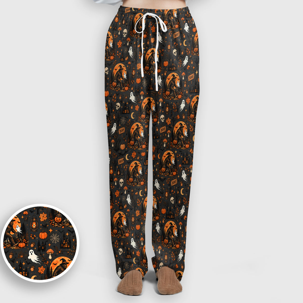 Halloween Bigfoot Ghost with Pumpkin Scrub Set, Scrub Pants and V Neck Top