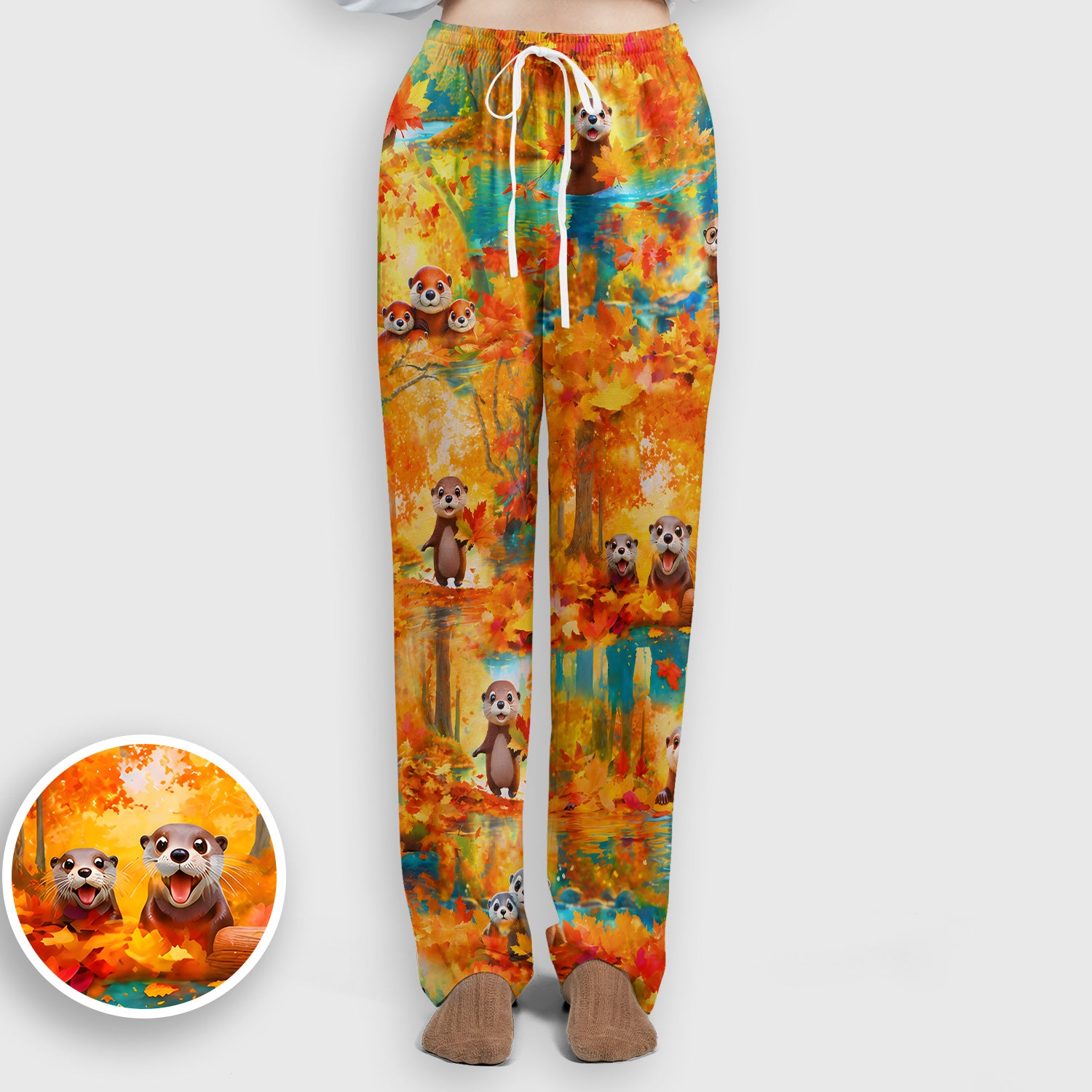 Cute Autumn Otter Leaf Forest Pattern Scrub Set, Scrub Pants and V Neck Top