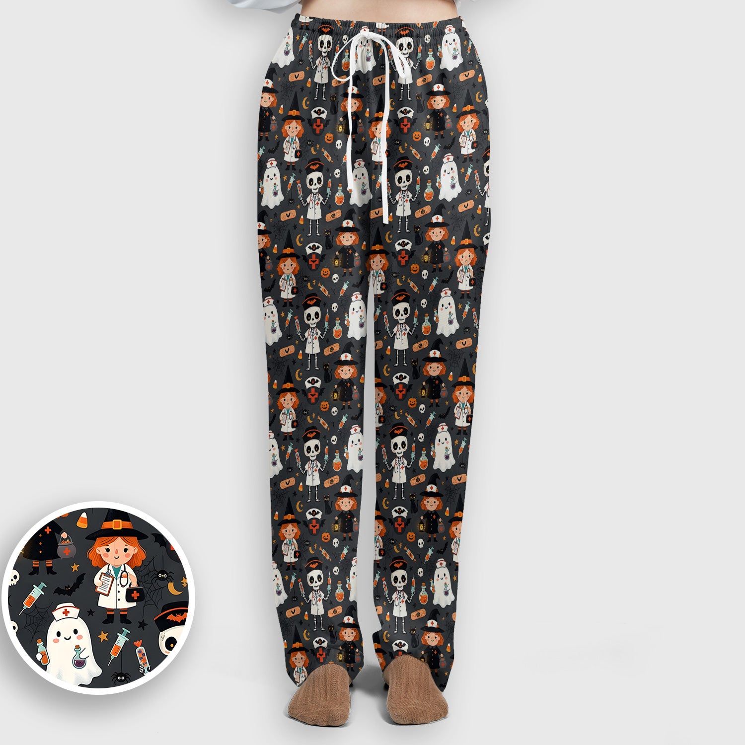 Halloween Witch And Skeleton Nurse Scrub Set, Scrub Pants and V Neck Top