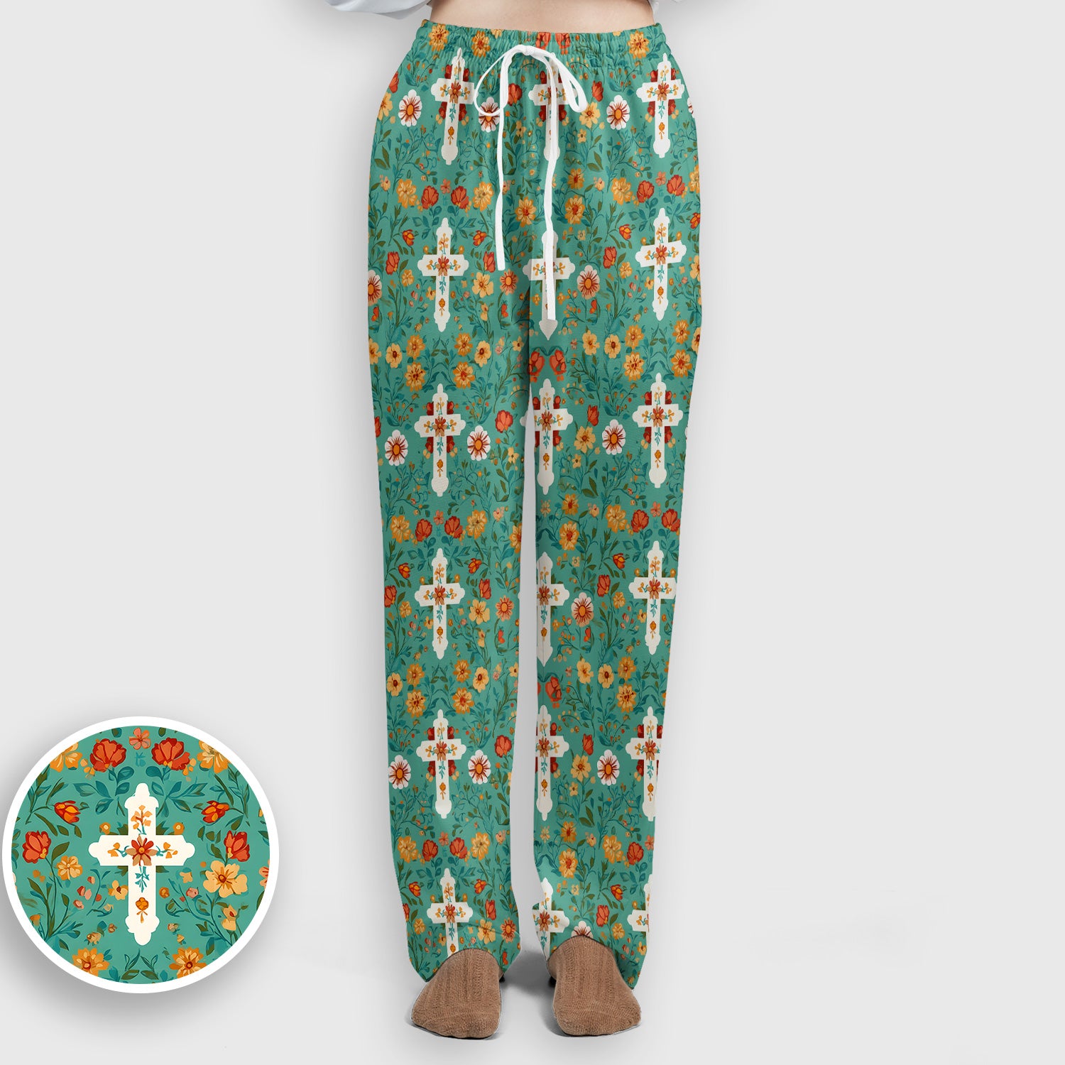 Christian Faith Floral Cross Pattern Scrub Set, Scrub Pants and V Neck Top