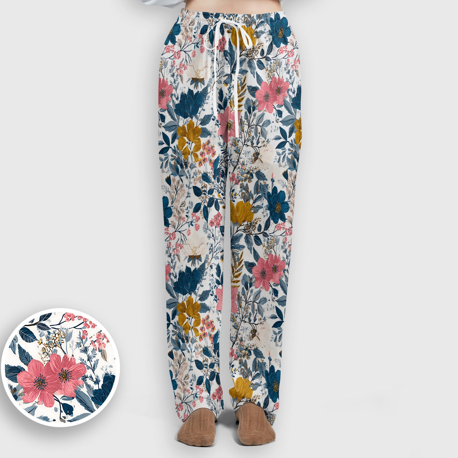Elegant Floral Garden Bloom Pattern Scrub Set, Scrub Pants and V Neck Top