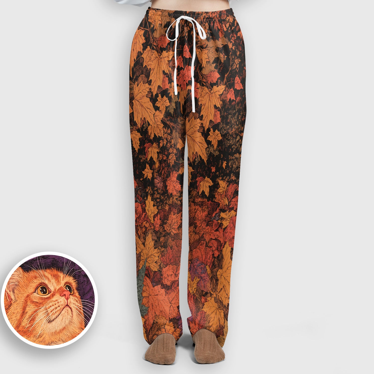 Autumn Cat with Fall Leaves Scrub Set, Scrub Pants and V Neck Top