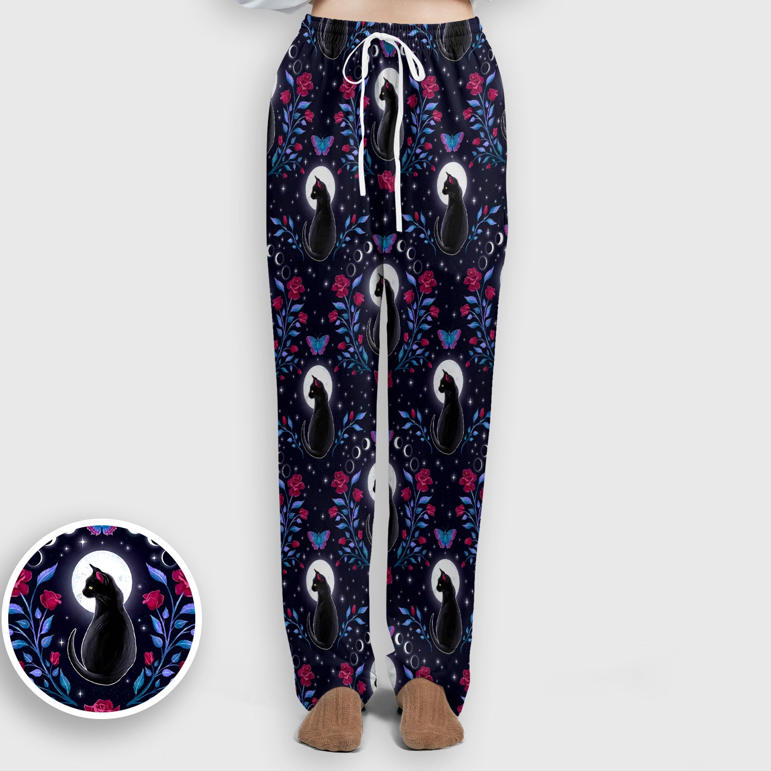 Black Cat Moon Rose Print Scrub Set, Scrub Pants and V Neck Top