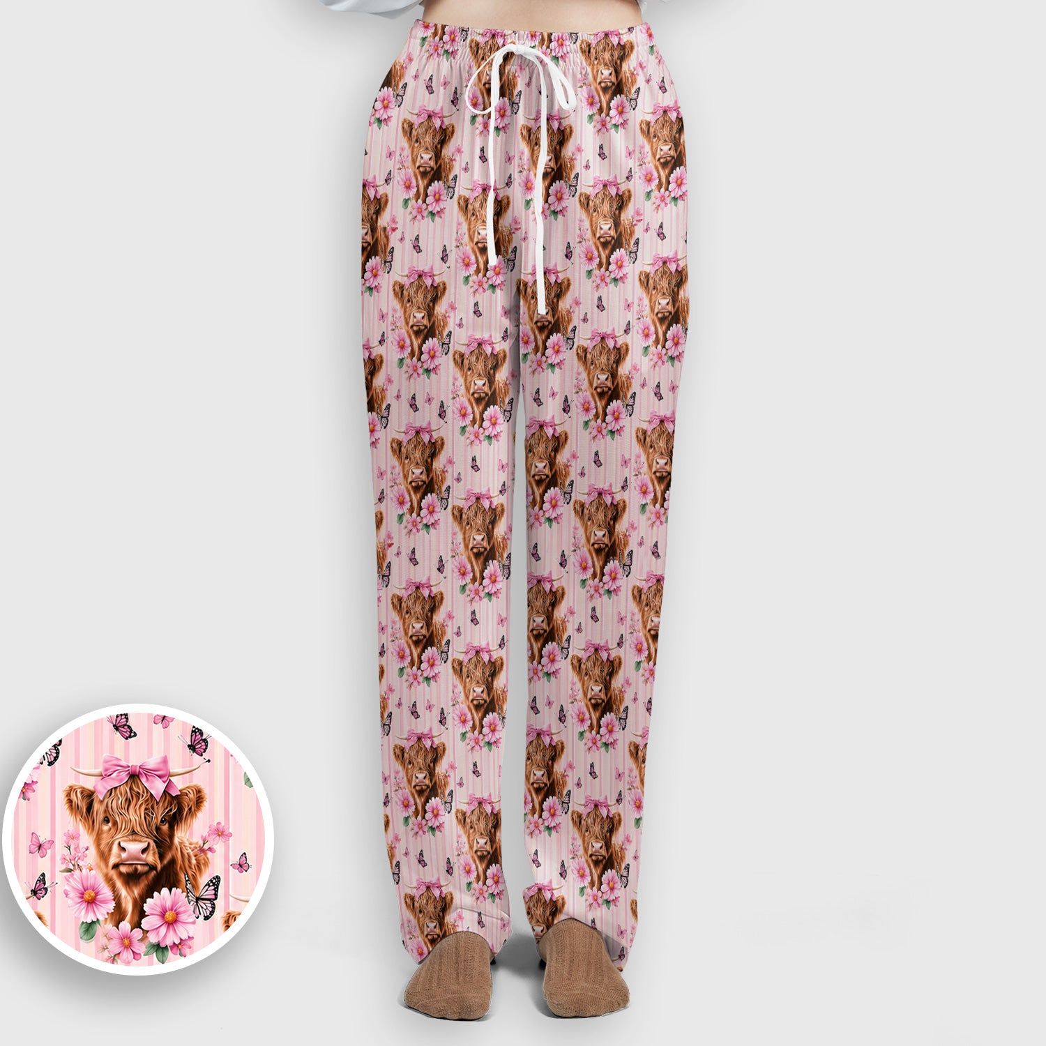 Pink Highland Cow Floral Scrub Set, Scrub Pants and V Neck Top