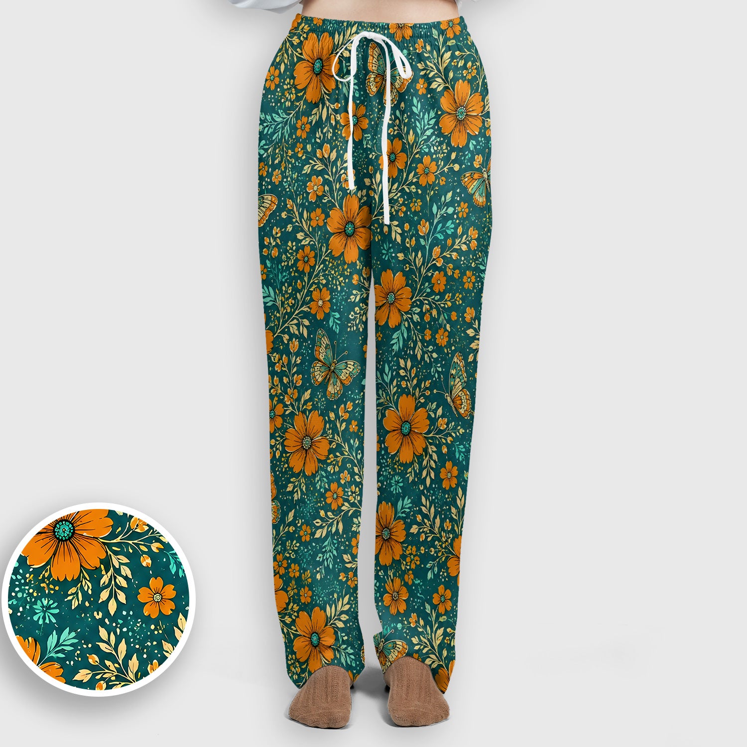 Orange Floral Butterfly Vine Pattern Scrub Set, Scrub Pants and V Neck Top