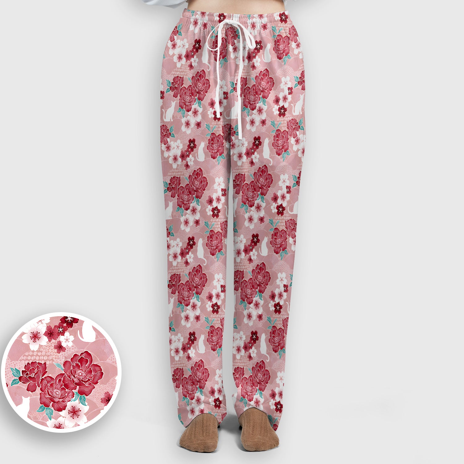 Floral White Cat Nurse Scrub Set, Scrub Pants and V Neck Top