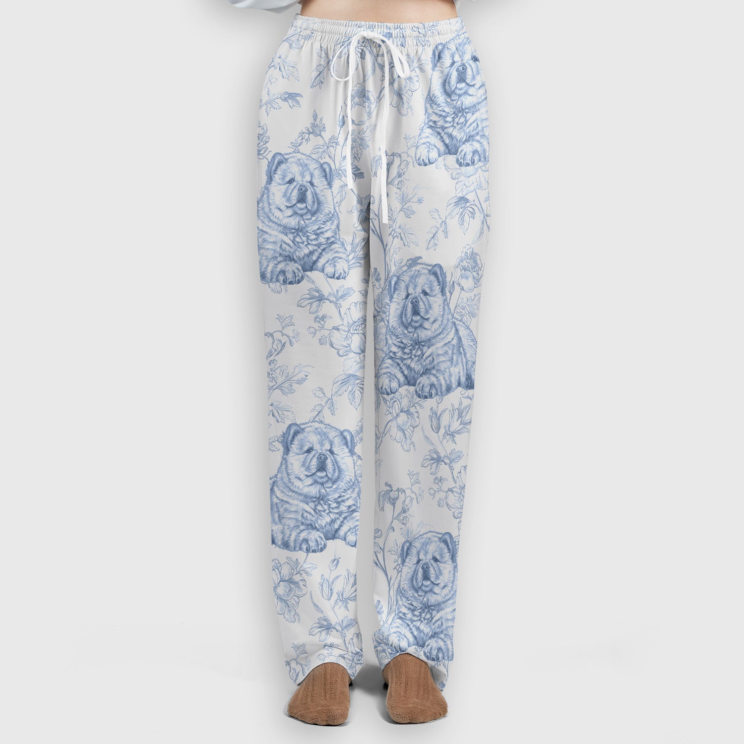 Custom Dog Cat Style Chinoiserie Pattern Scrubs Sets, Scrub Pants and V Neck Top
