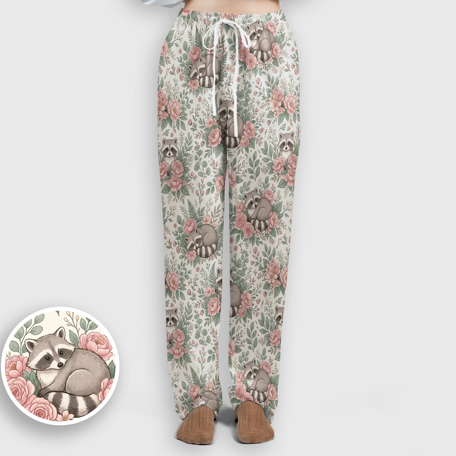 Sleeping Raccoon Rose Garden Pattern Scrub Set, Scrub Pants and V Neck Top