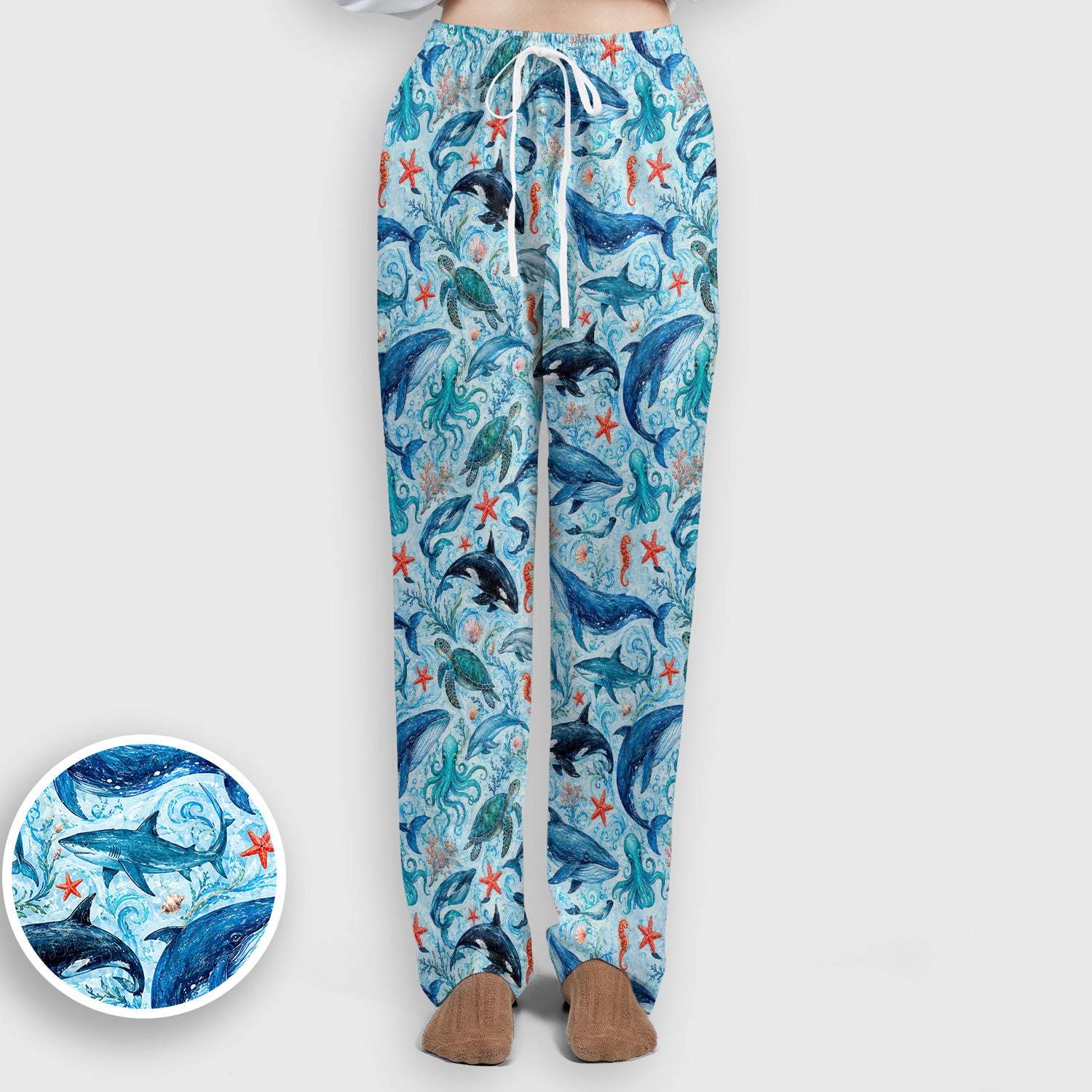 Watercolor Ocean Wildlife Scene Pattern Scrub Set, Scrub Pants and V Neck Top