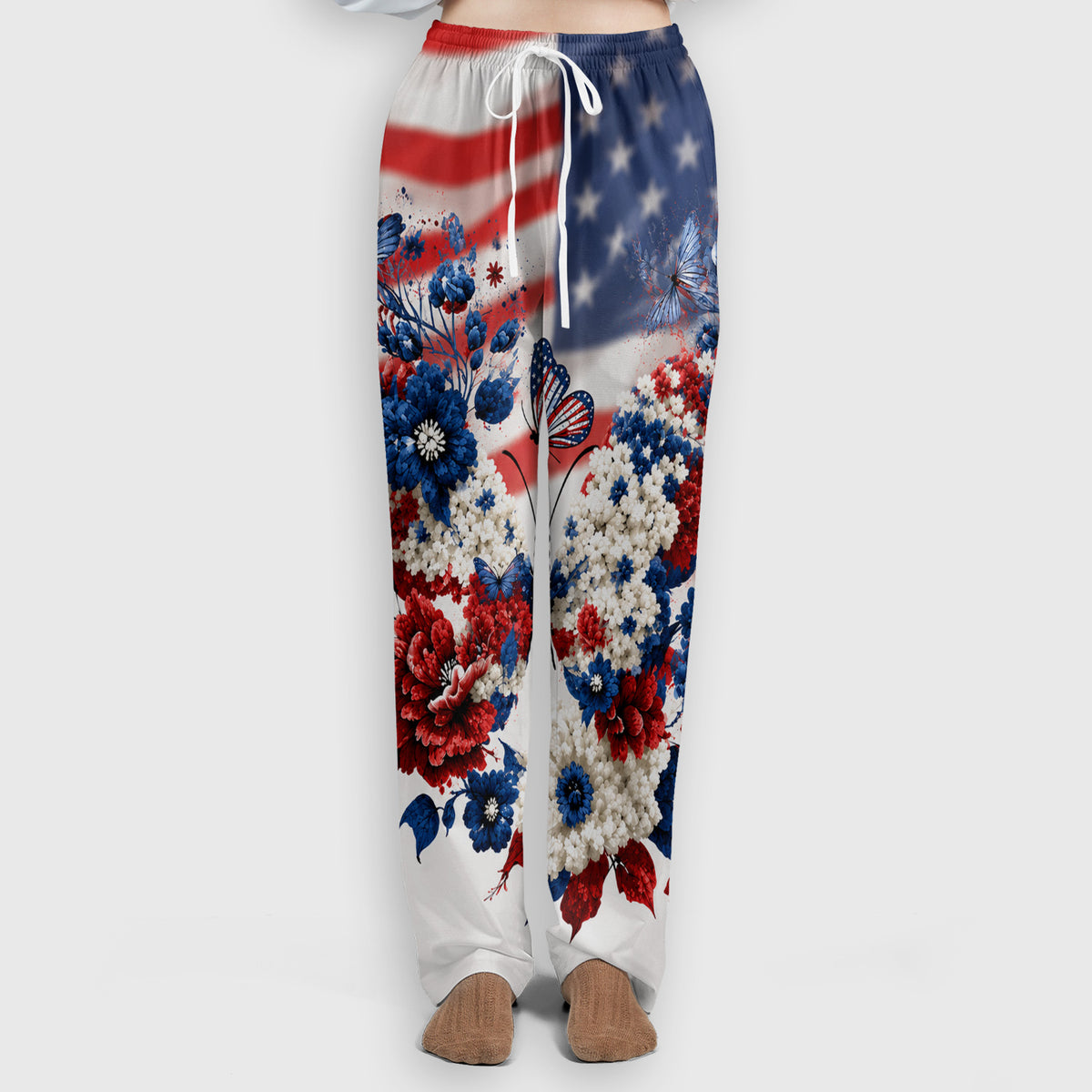 Patriotic Butterfly with Floral Print Scrub Set, Scrub Pants and V Neck Top