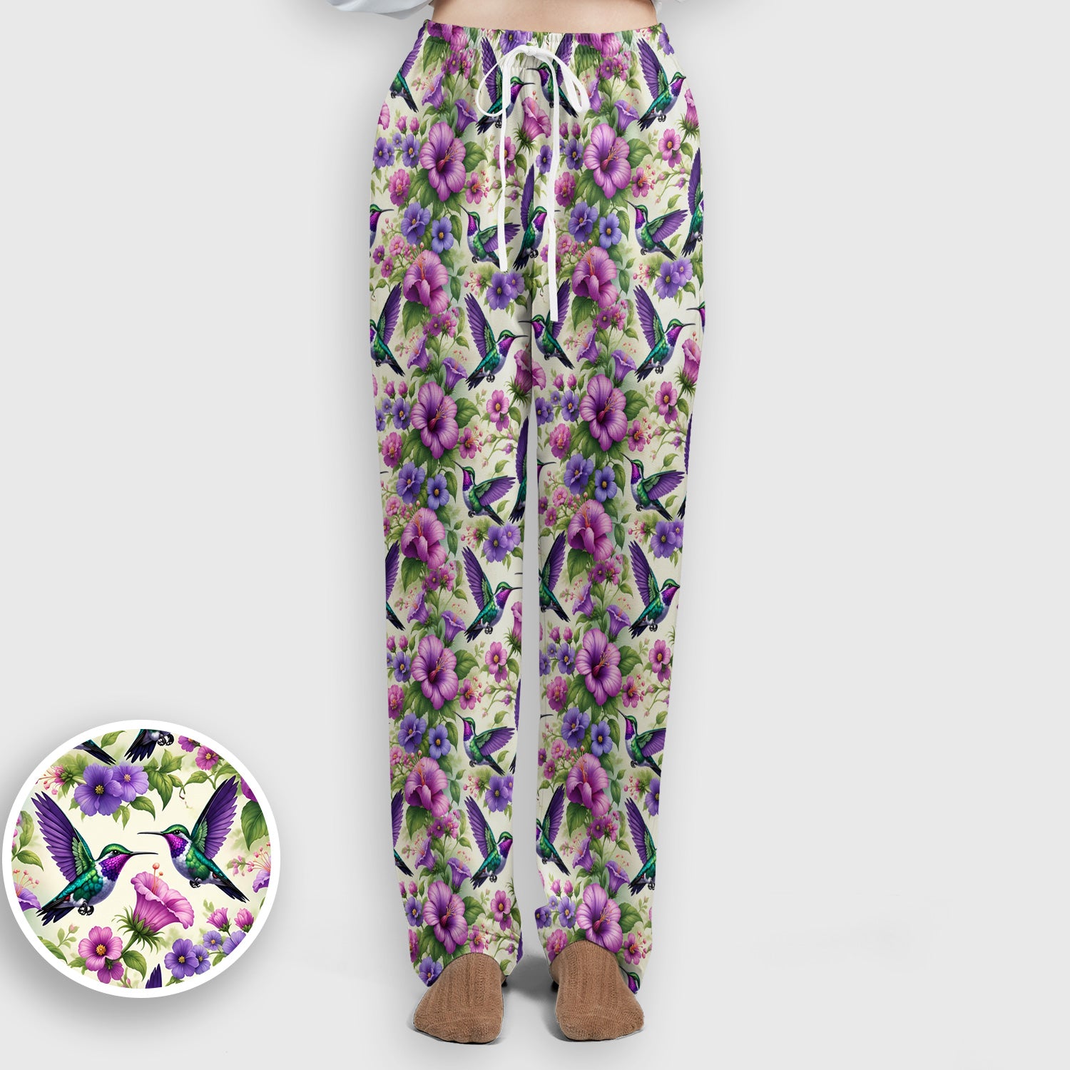 Purple Hummingbird Hibiscus Floral Pattern Scrub Set, Scrub Pants and V Neck Top