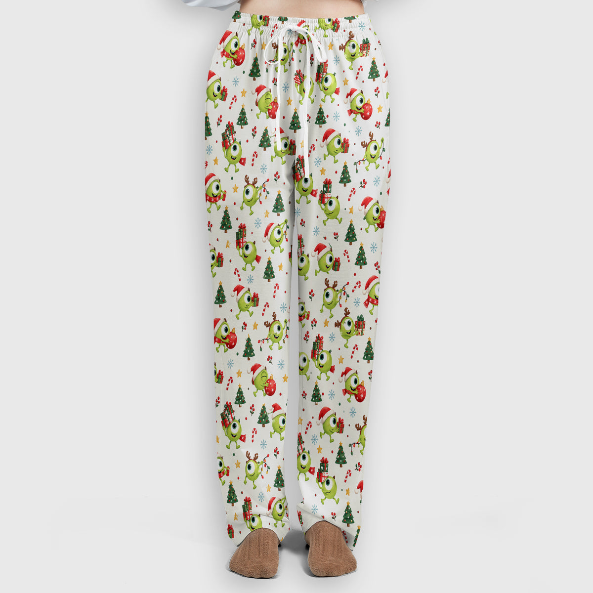 Christmas One Eyed Green Monsters Scrub Set, Scrub Pants and V Neck Top