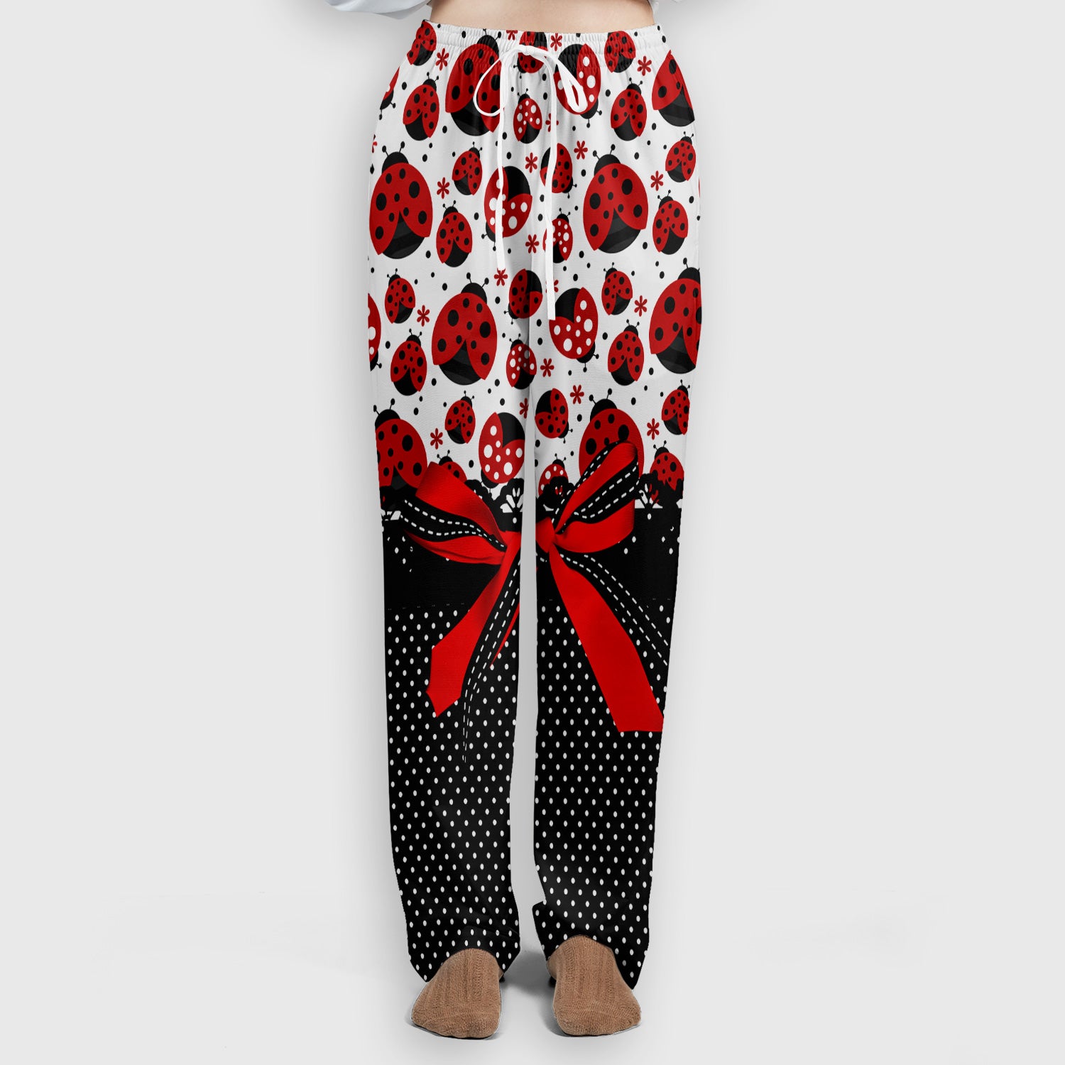 Cute Ladybug Red Ribbon Polka Pattern Scrub Set, Scrub Pants and V Neck Top
