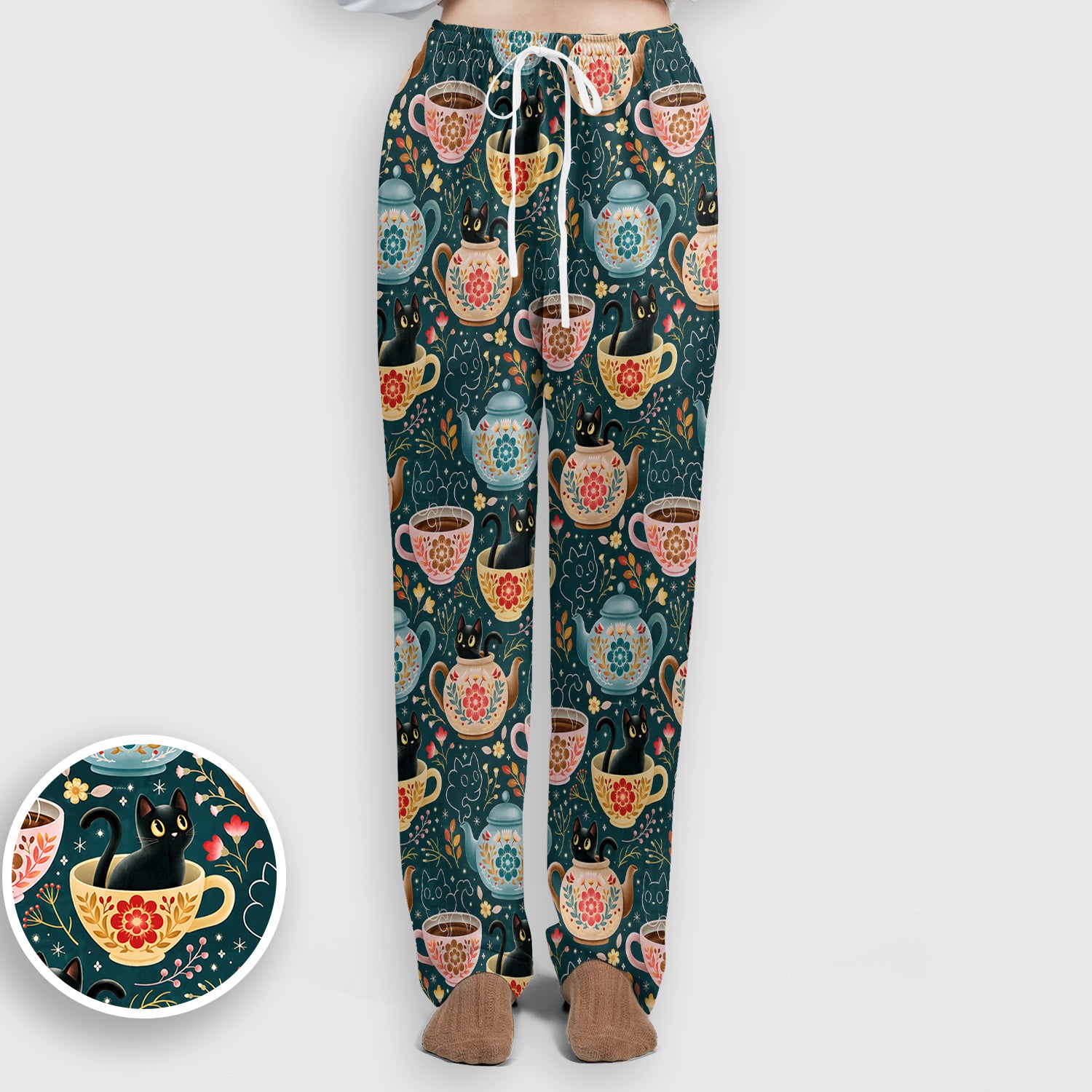 Black Cat Tea Party Veterinary Pattern Scrub Set, Scrub Pants and V Neck Top