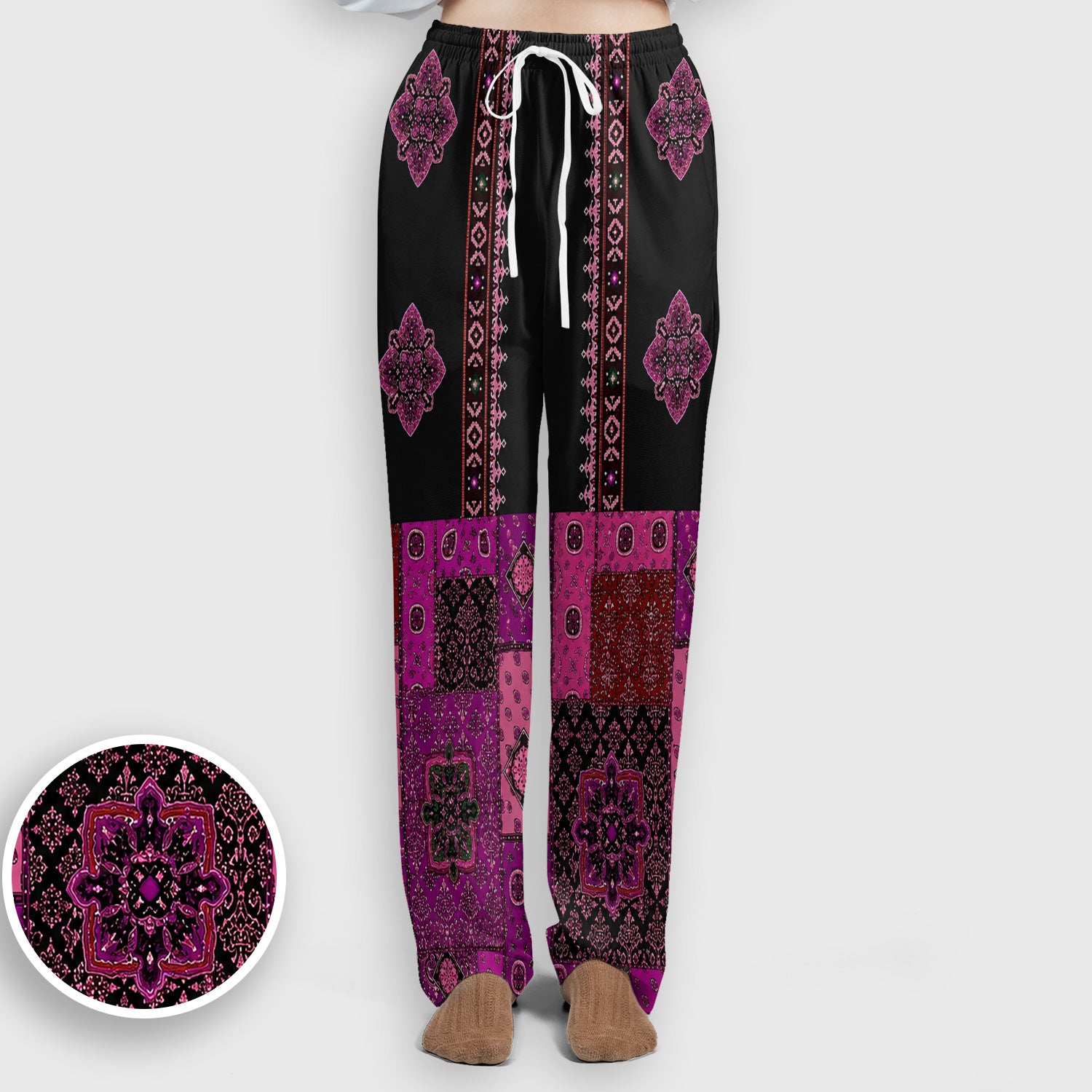 Boho Pink Bandana Patchwork Pattern Scrub Set, Scrub Pants and V Neck Top
