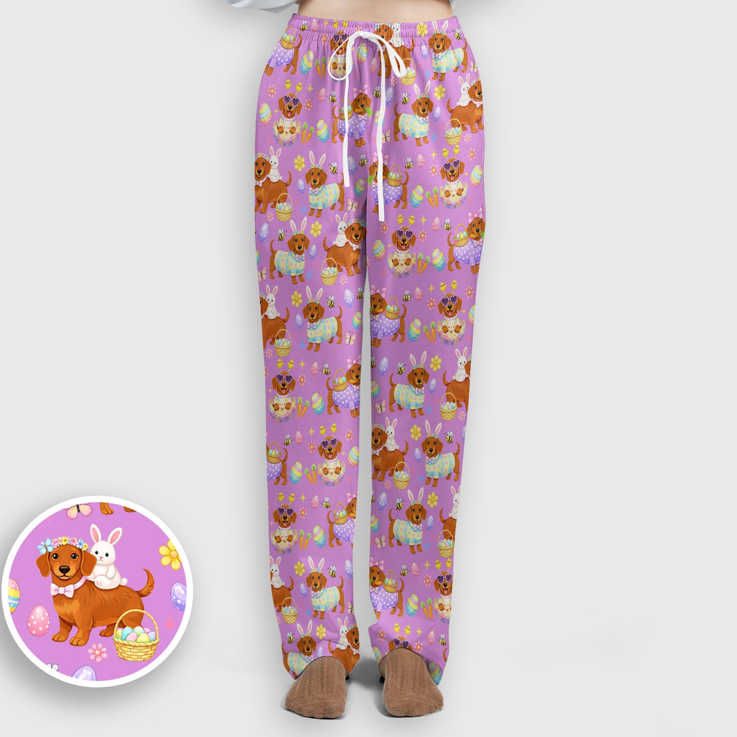 Cute Easter Dachshund Dog Pattern Scrub Set, Scrub Pants and V Neck Top