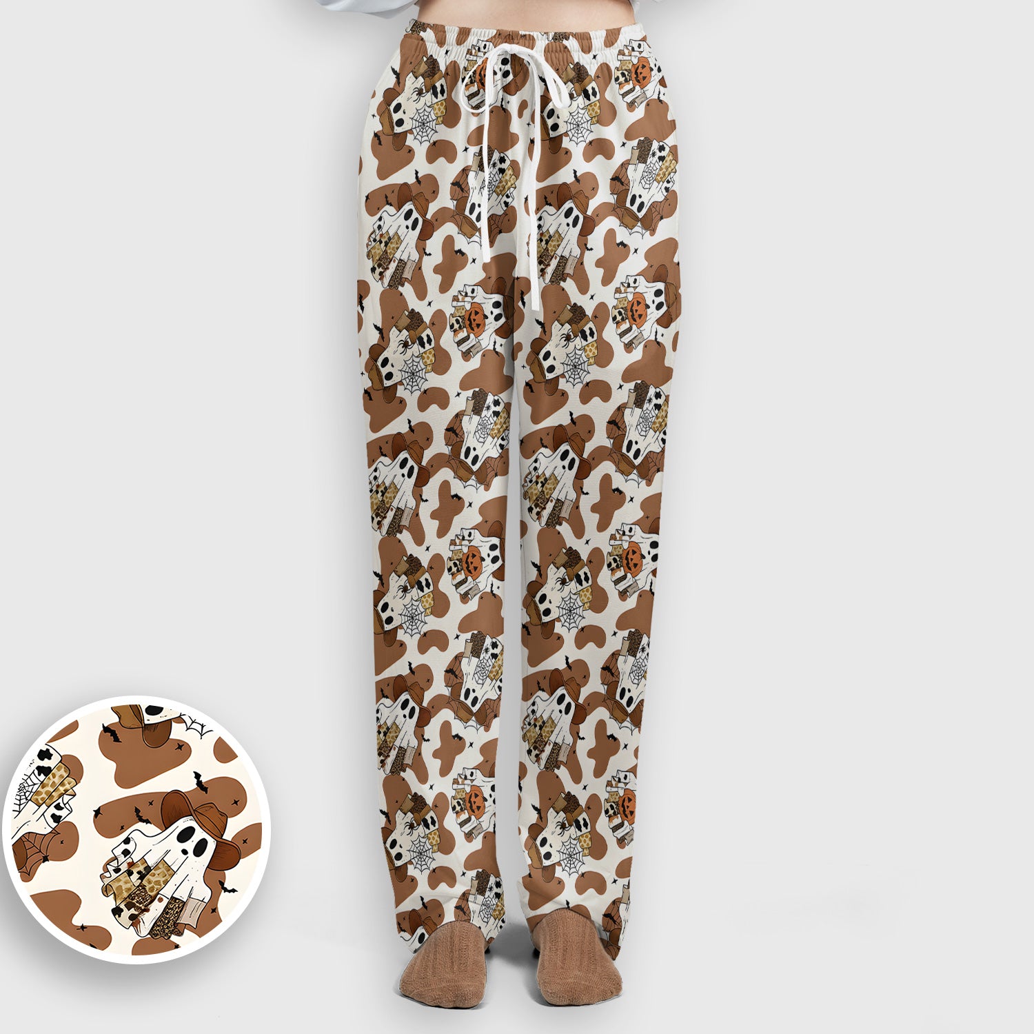 Halloween Cow Ghost Print Scrub Set, Scrub Pants and V Neck Top