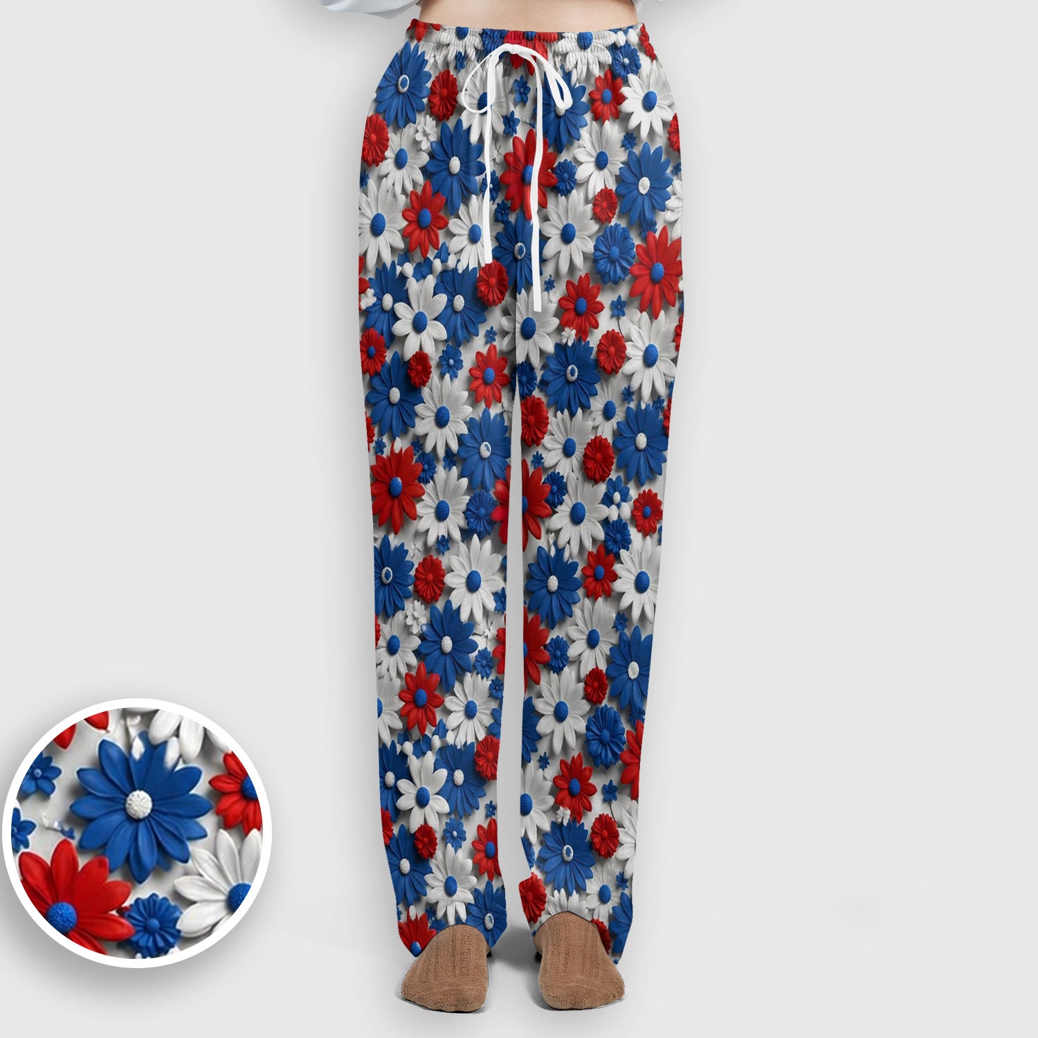 Patriotic Red Blue Daisy Floral Pattern Scrub Set, Scrub Pants and V Neck Top