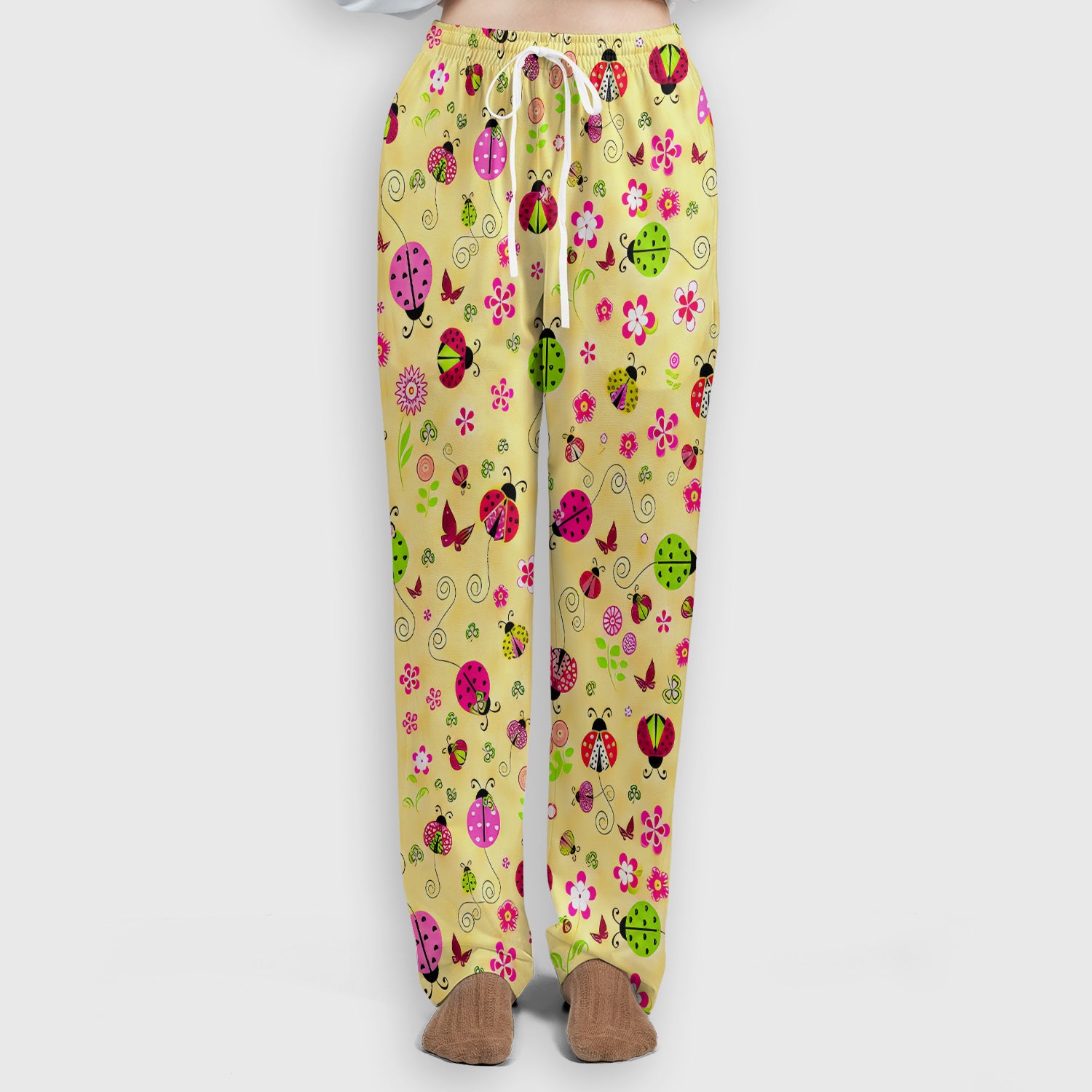 Yellow Ladybug Floral Garden Pattern Scrub Set, Scrub Pants and V Neck Top