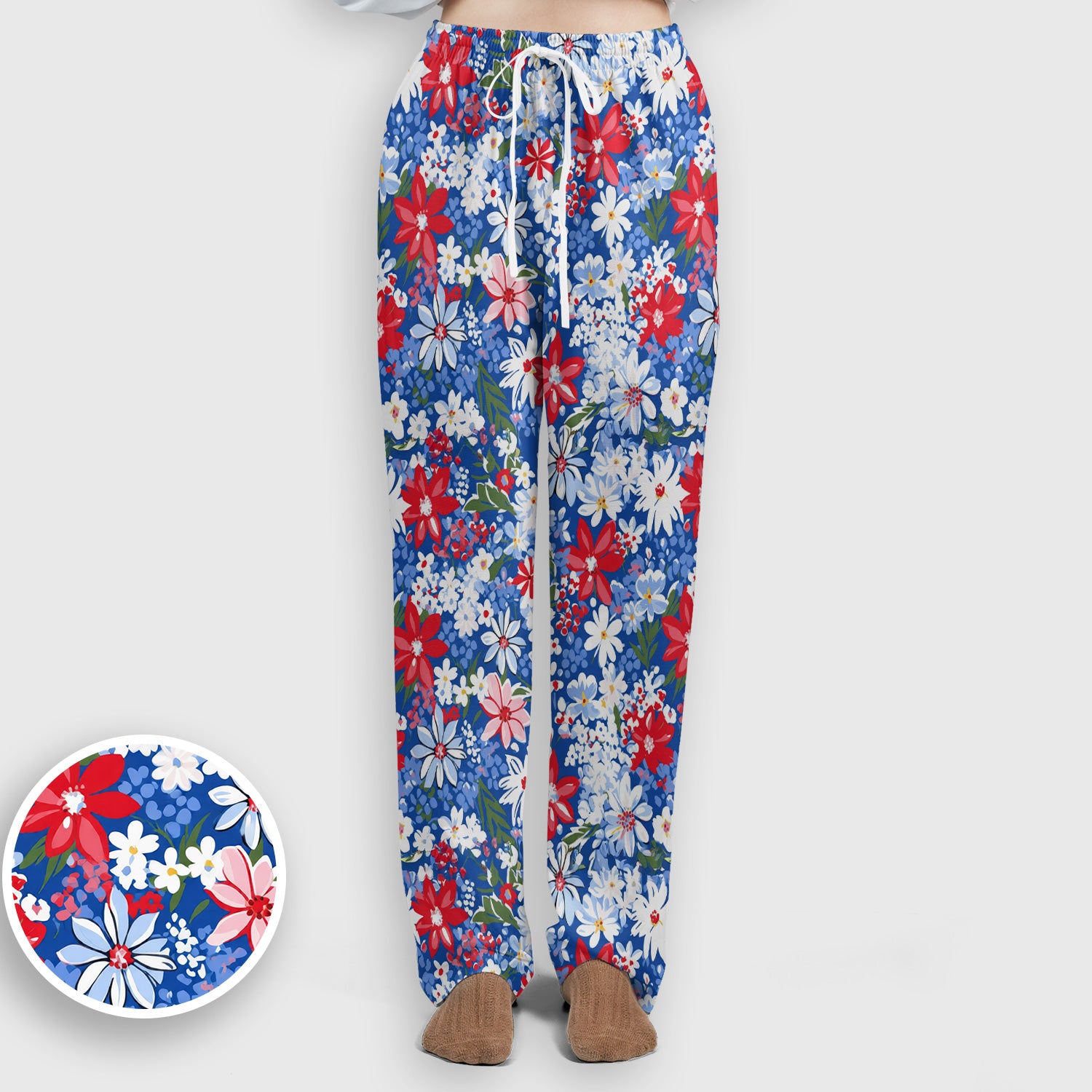 Patriotic Red White Blue Floral Garden Print Scrub Set, Scrub Pants and V Neck Top