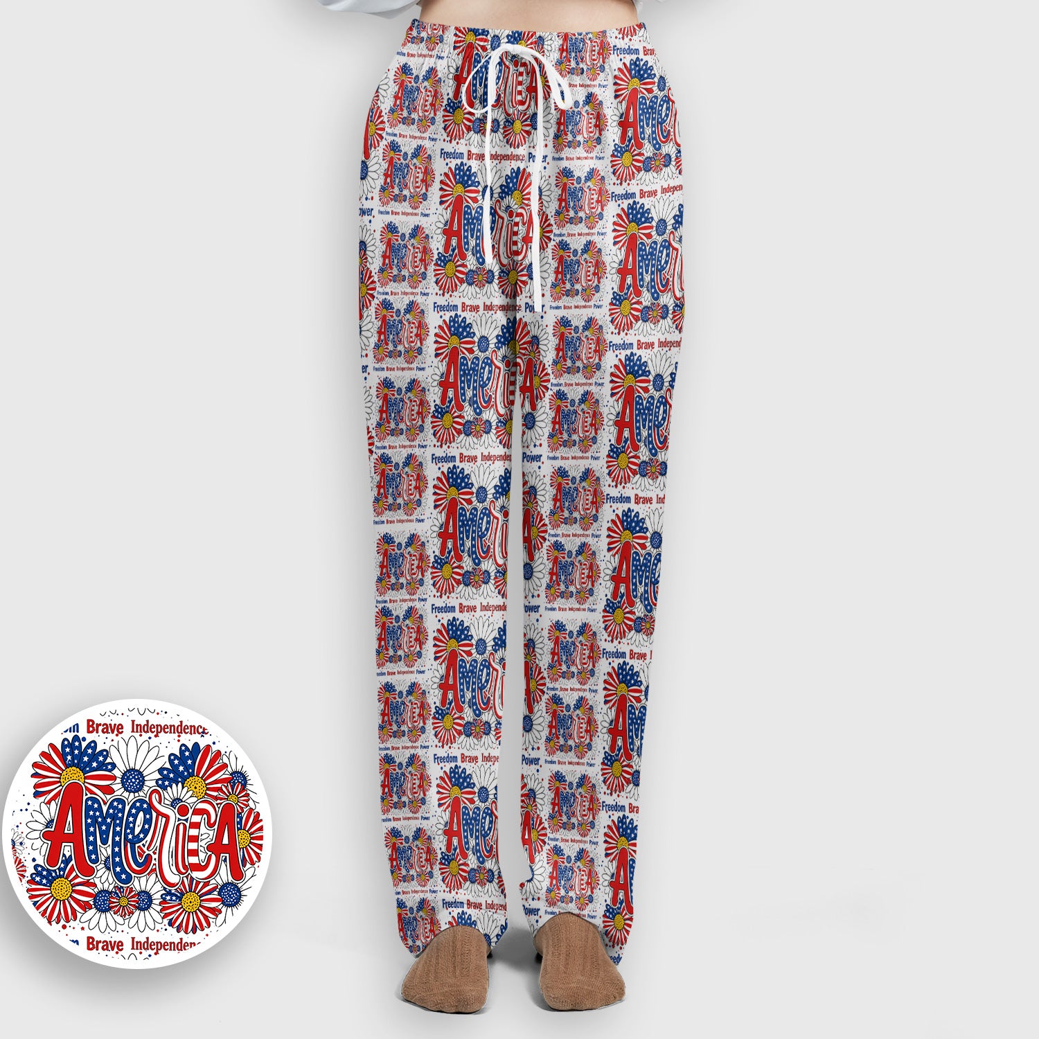 Patriotic America Floral Fireworks Pattern Scrub Set, Scrub Pants and V Neck Top