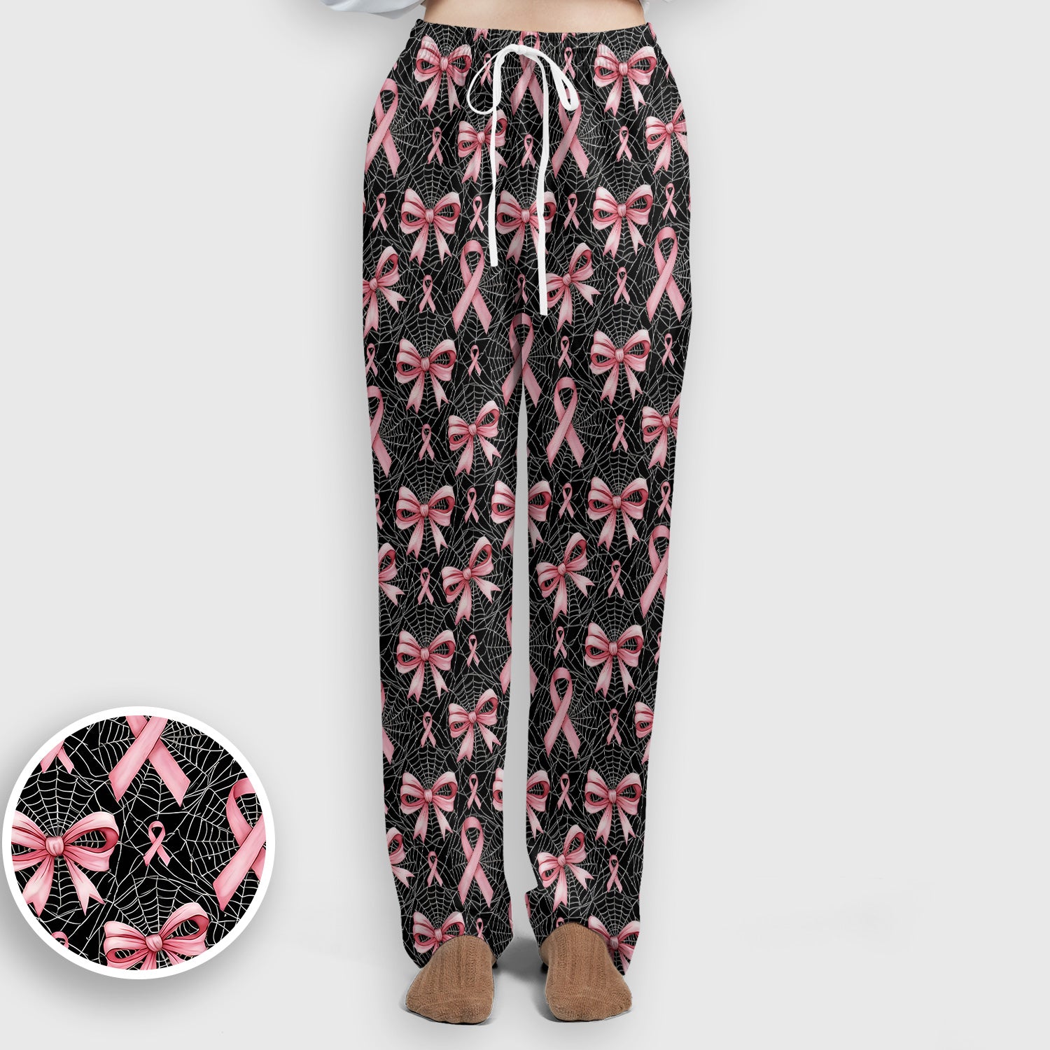 Pink Ribbon Pattern Scrub Set, Scrub Pants and V Neck Top