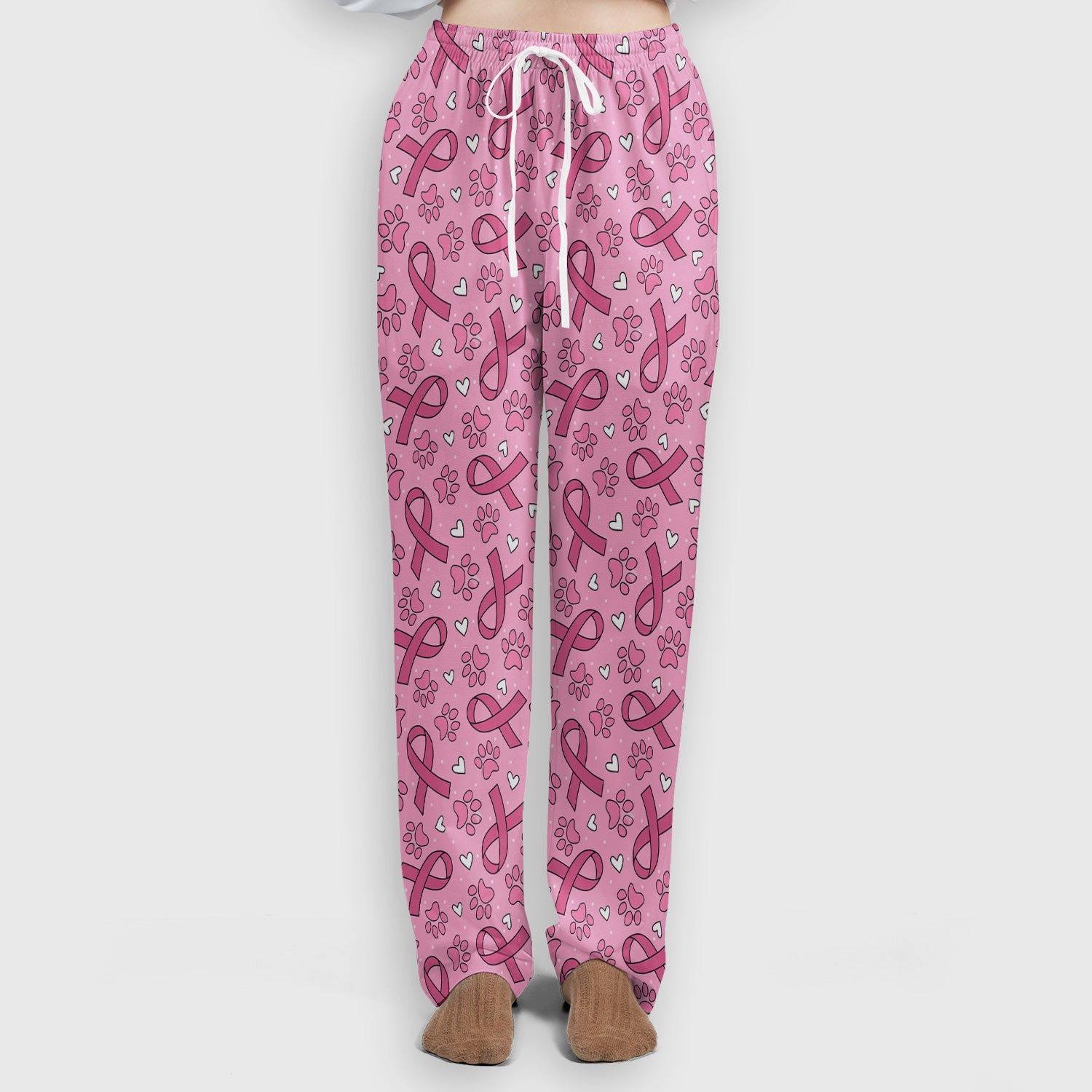 Pink Ribbon Paw Print Scrub Set, Scrub Pants and V Neck Top