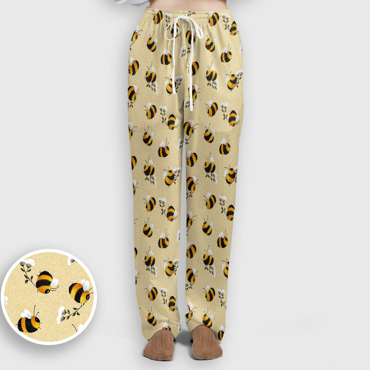 Cute Bumble Bee Blossom Pattern Scrub Set, Scrub Pants and V Neck Top