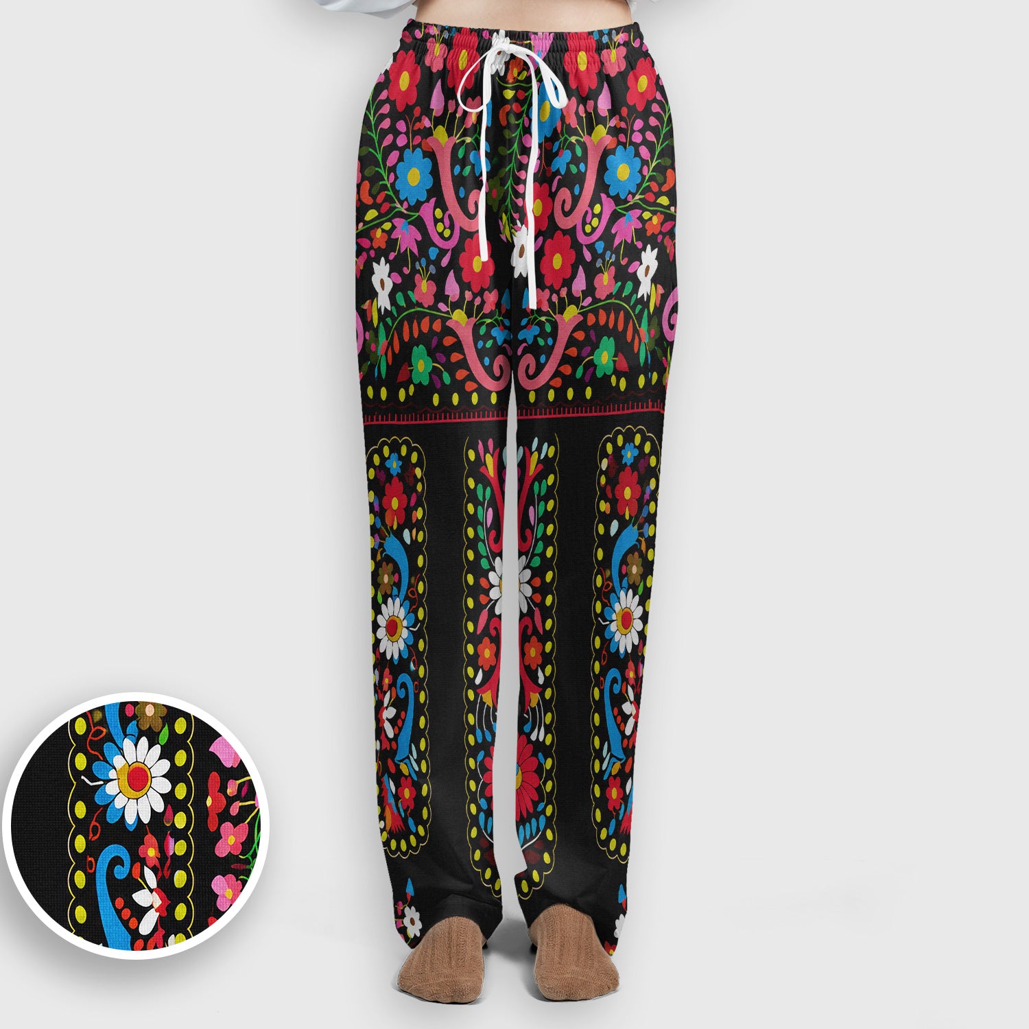 Colorful Folk Art Floral Pattern Scrub Set, Scrub Pants and V Neck Top