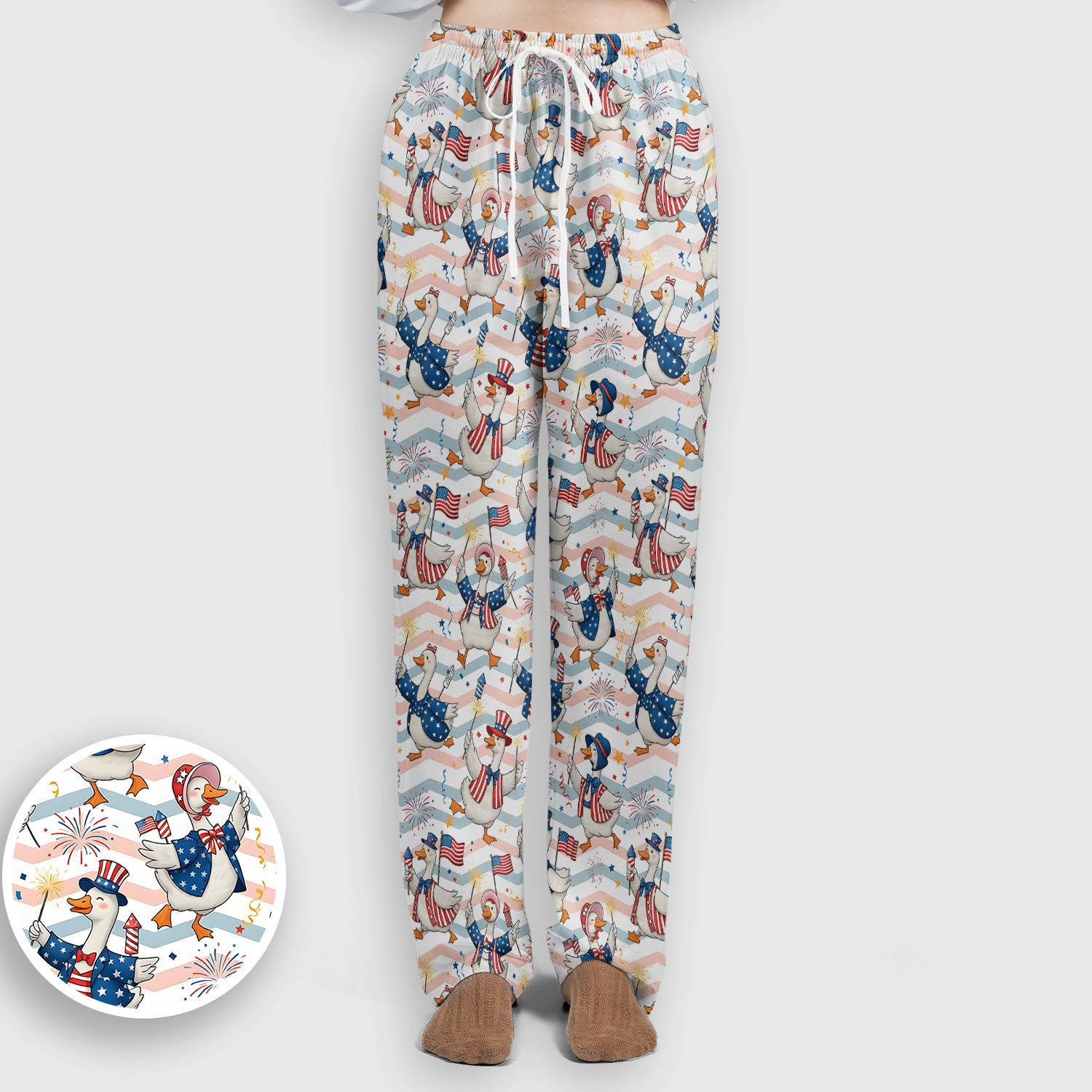 Patriotic Goose Fireworks Parade Pattern Scrub Set, Scrub Pants and V Neck Top