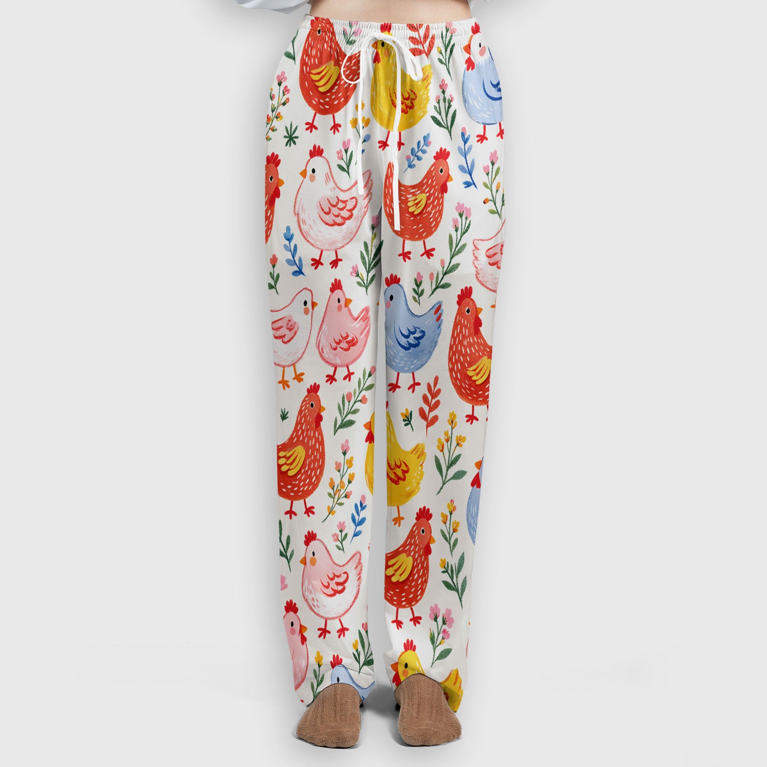 Fun Cartoon Hen Print Scrub Set, Scrub Pants and V Neck Top