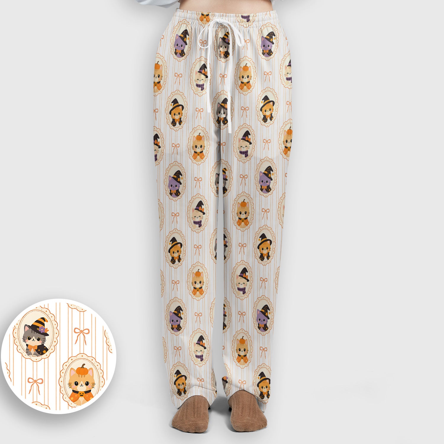 Cute Halloween Cat Stripe Pattern Scrub Set, Scrub Pants and V Neck Top