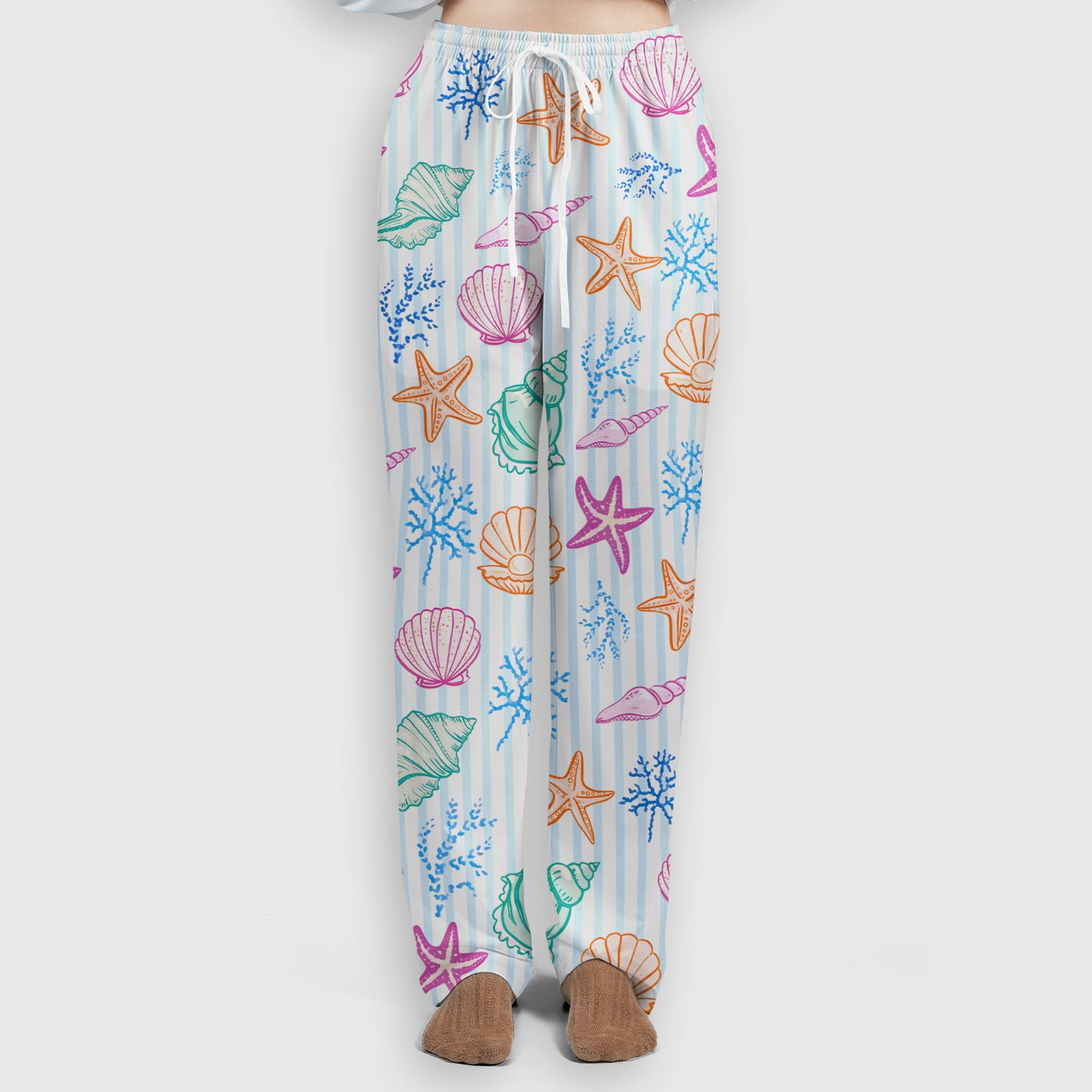 Colorful Seashell Starfish Ocean Stripe Pattern Scrub Set, Women's Scrub Sets