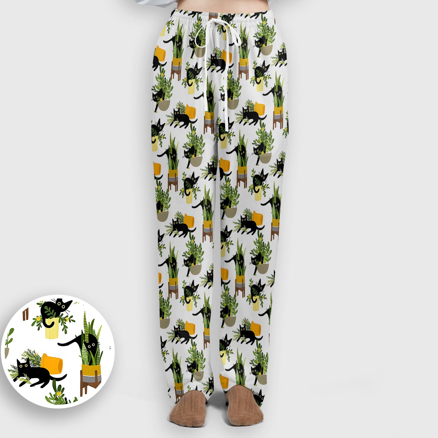 Black Cat Plant Pots Pattern Scrub Set, Scrub Pants and V Neck Top