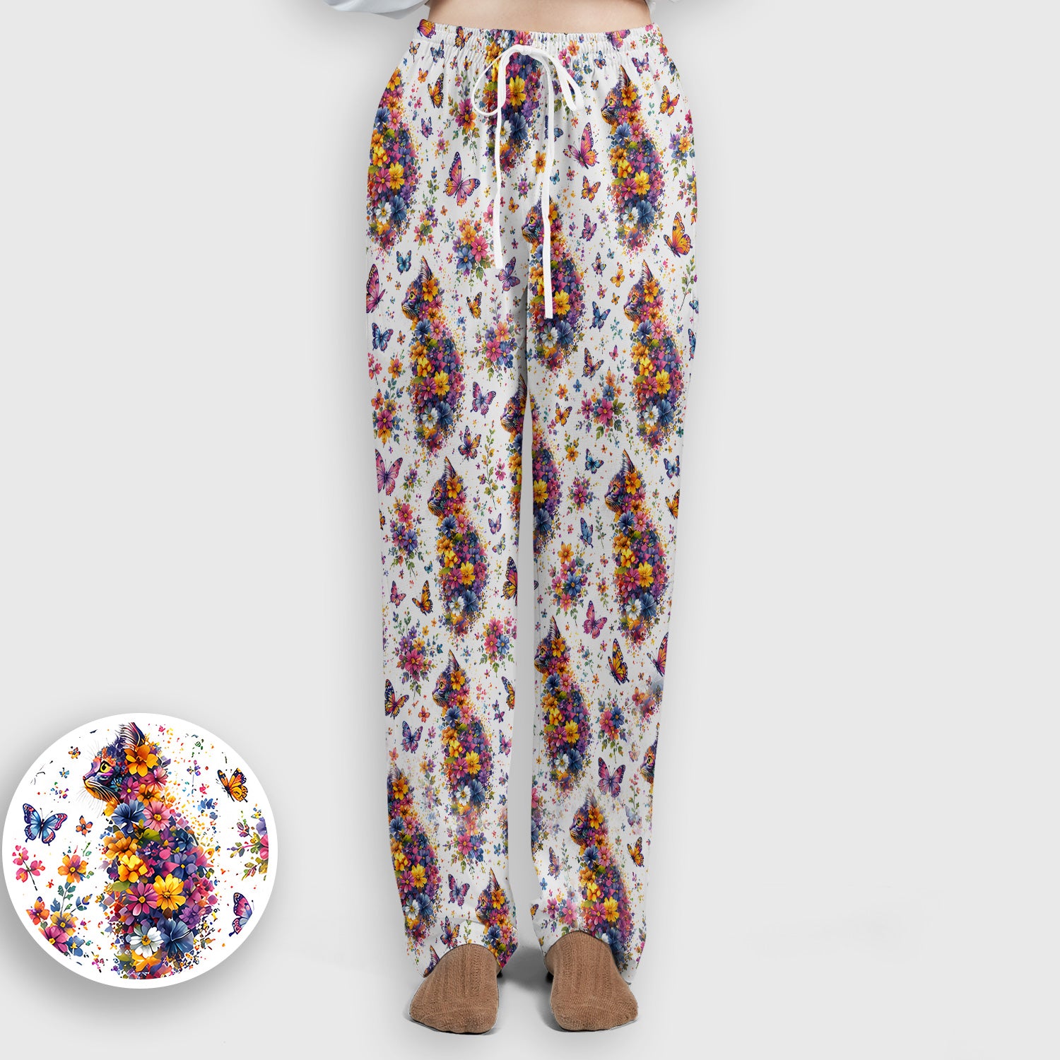 Cute Floral Cat With Butterfly Pattern Scrub Set, Scrub Pants and V Neck Top